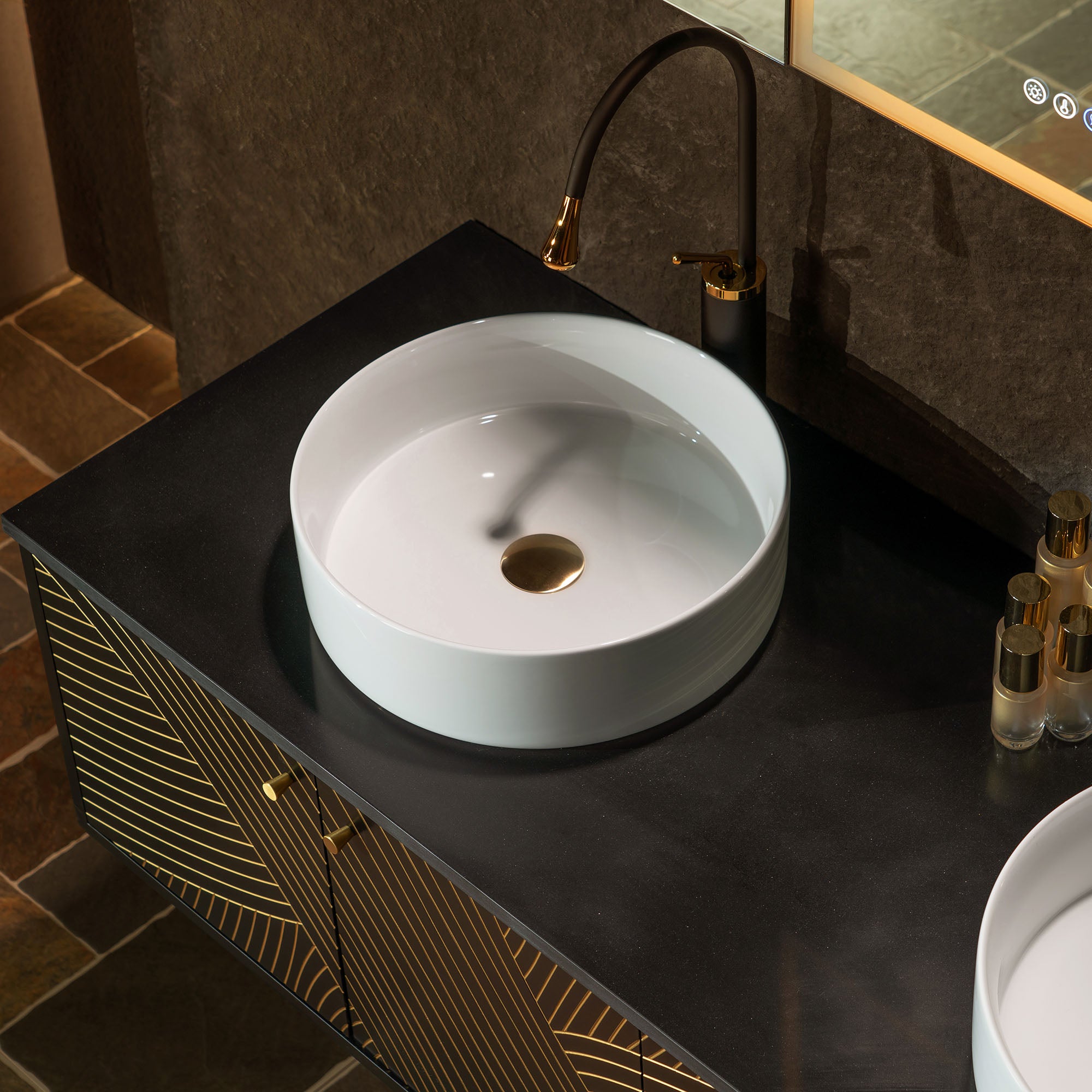WOODBRIDGE 60" Wall Mounted Floating Bathroom Vanity – Double Ceramic Vessel Sinks, Black Engineered Stone Countertop & Hand-Painted Elegant Black/Gold Detailing, and Space-Saving Wall-Mount Style