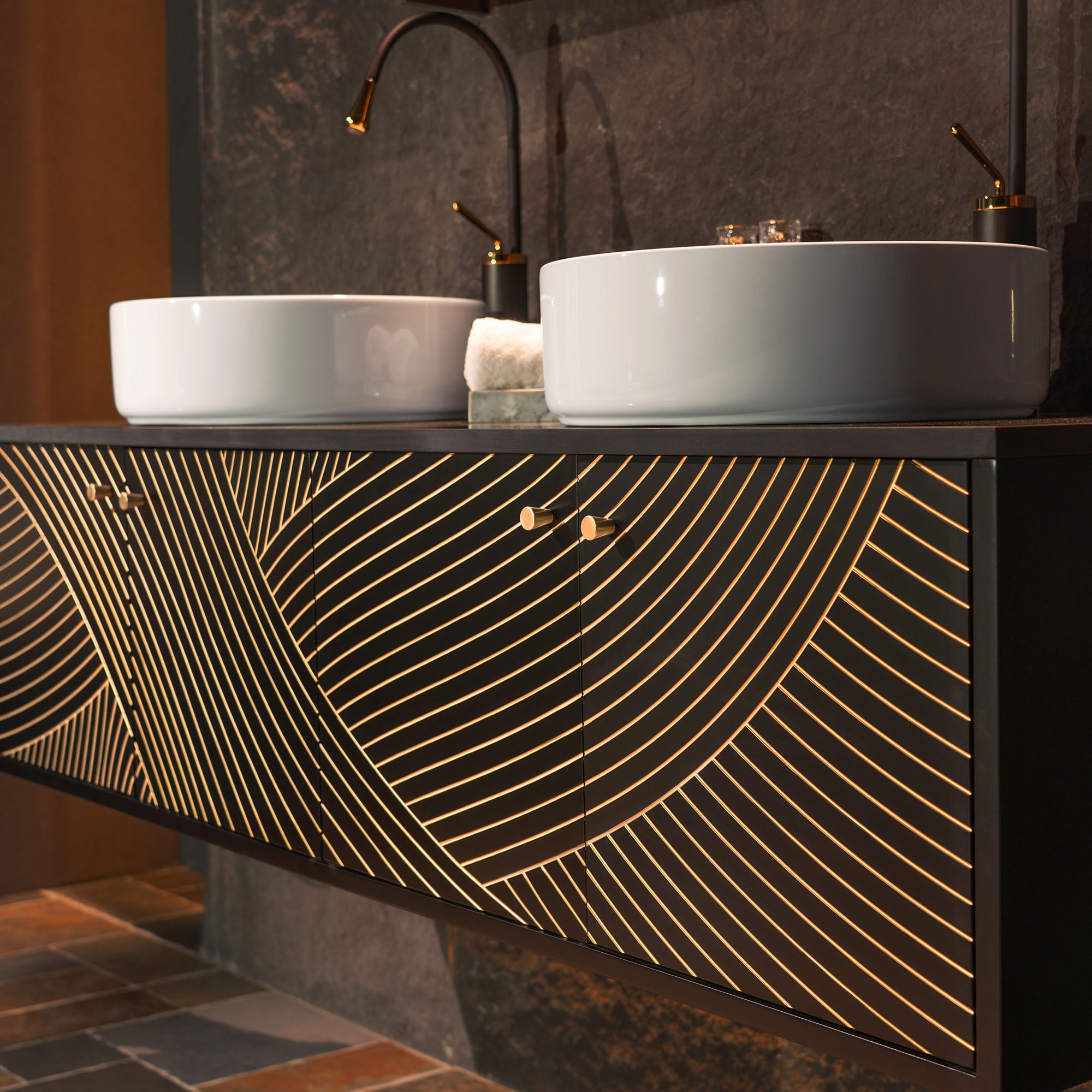 WOODBRIDGE 60" Wall Mounted Floating Bathroom Vanity – Double Ceramic Vessel Sinks, Black Engineered Stone Countertop & Hand-Painted Elegant Black/Gold Detailing, and Space-Saving Wall-Mount Style