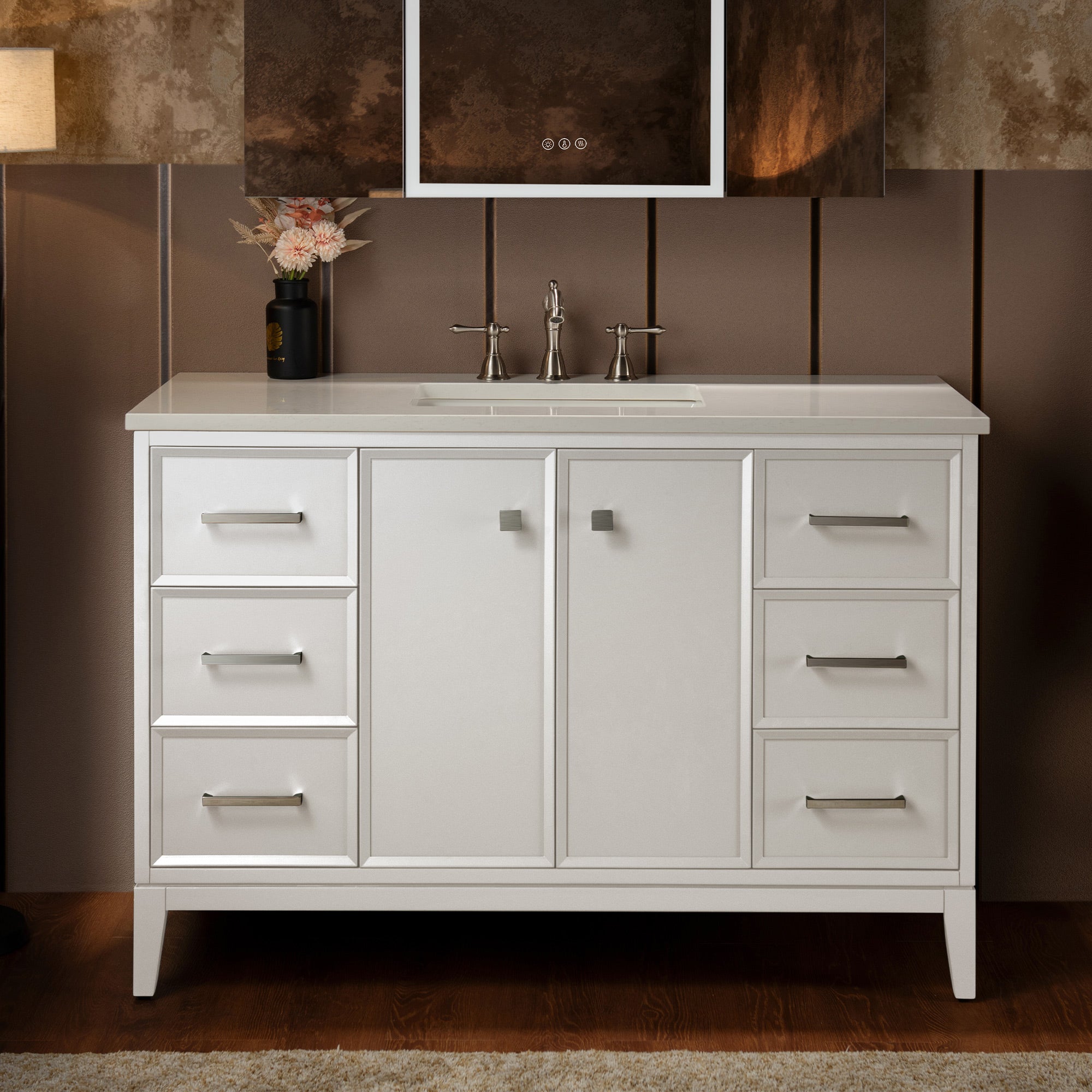 WOODBRIDGE 49" White Single Sink Bathroom Vanity Engineered Stone Top, Pre-drilled for 8 in. widespread faucets, Solid Wood Frame & Drawers, Fully Assembled and Ready to Install.