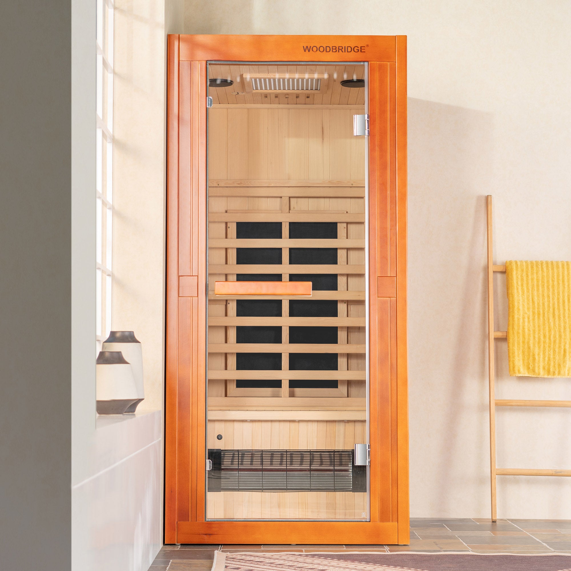 1-Person Indoor FAR Infrared Sauna in Premium Canadian Hemlock with Red Light Therapy, Bluetooth Speakers, Smart Control Panel & Chromotherapy Lighting