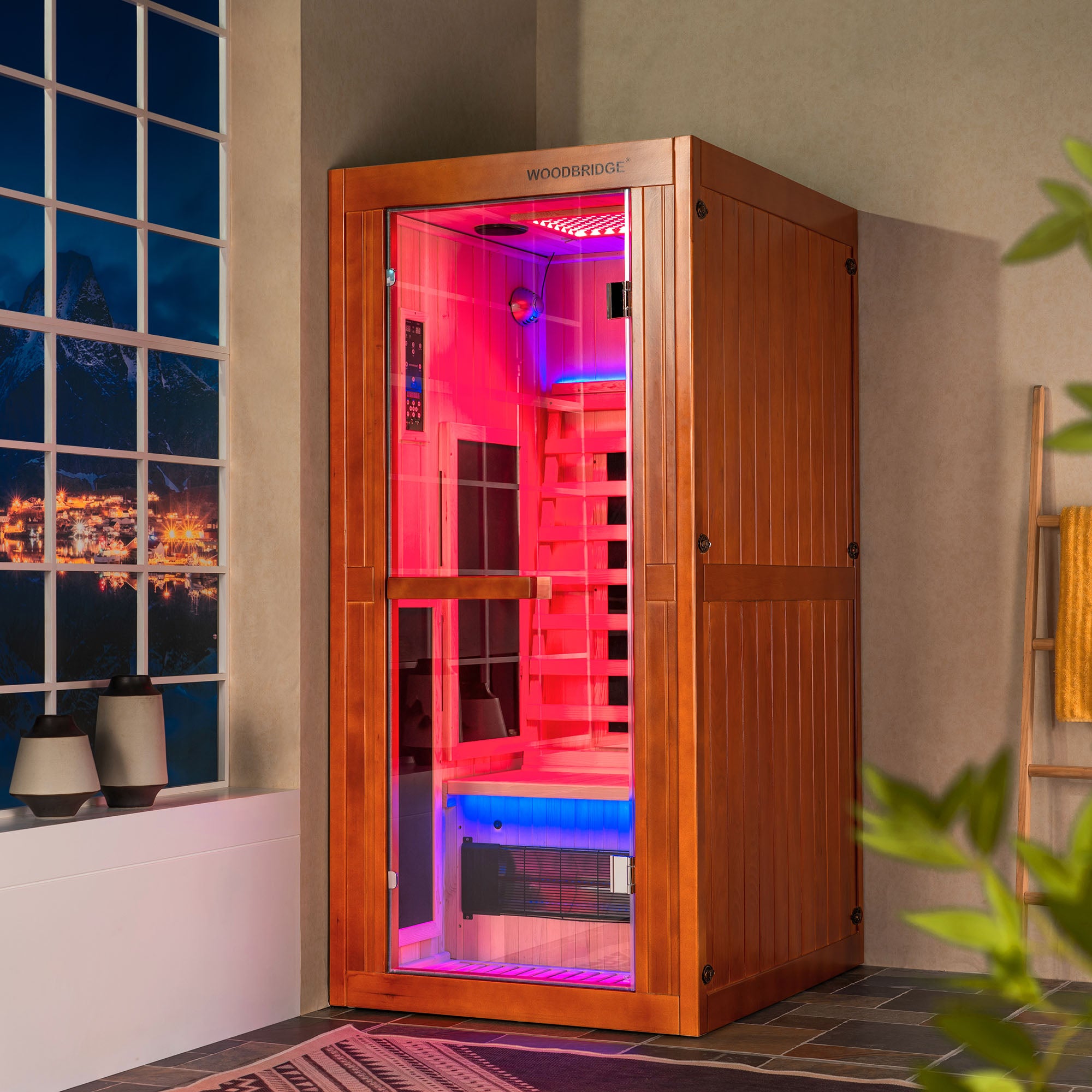 1-Person Indoor FAR Infrared Sauna in Premium Canadian Hemlock with Red Light Therapy, Bluetooth Speakers, Smart Control Panel & Chromotherapy Lighting