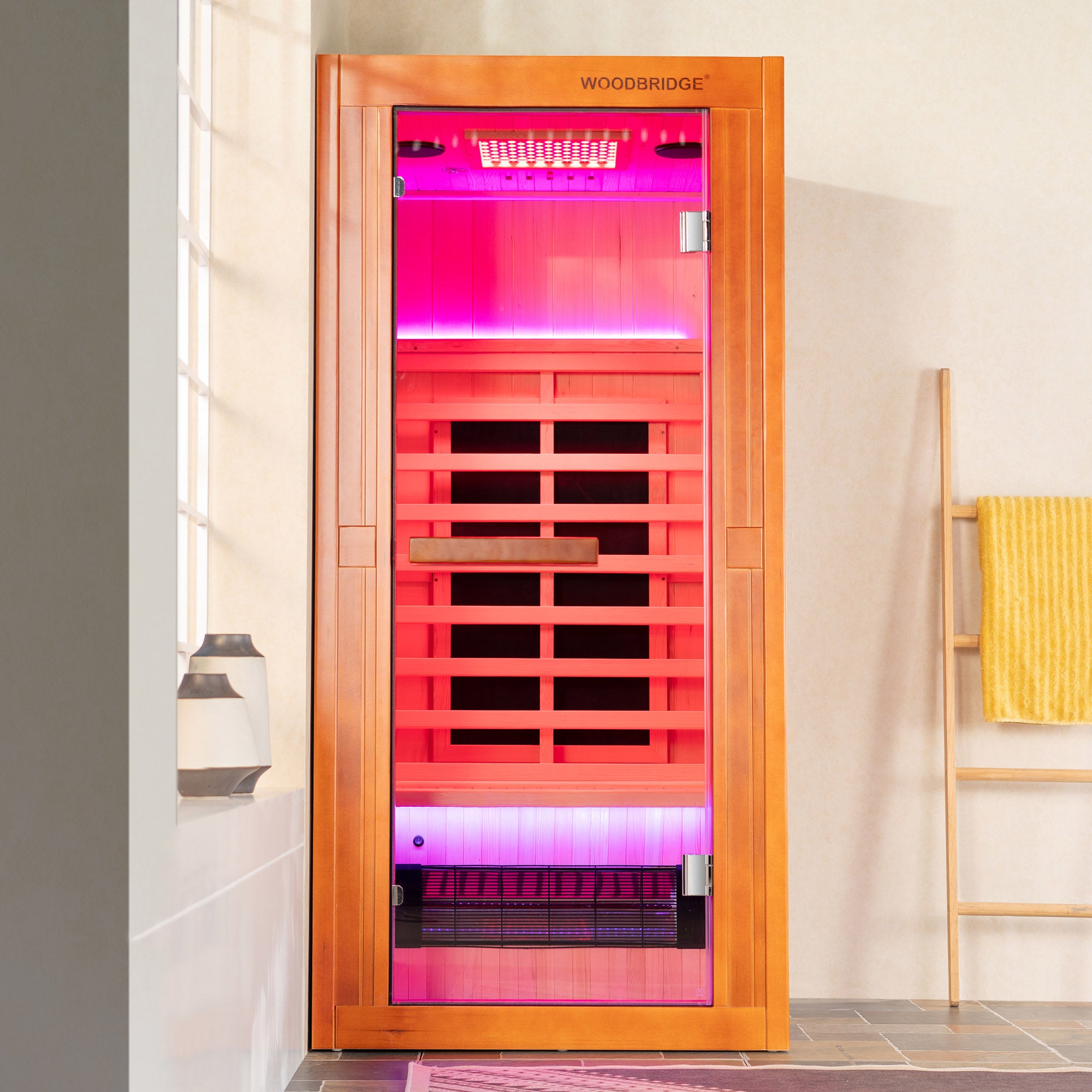 1-Person Indoor FAR Infrared Sauna in Premium Canadian Hemlock with Red Light Therapy, Bluetooth Speakers, Smart Control Panel & Chromotherapy Lighting