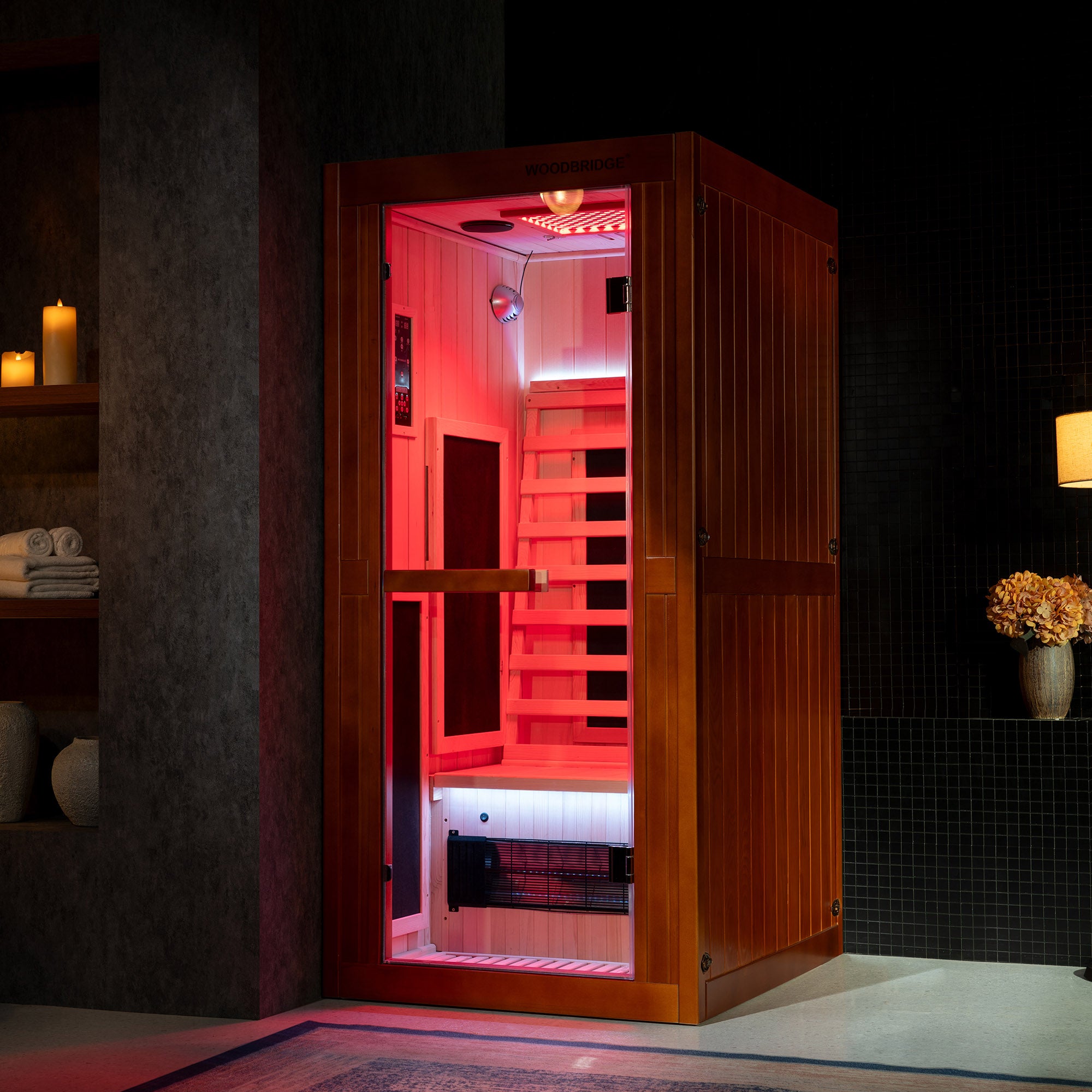 1-Person Indoor FAR Infrared Sauna in Premium Canadian Hemlock with Red Light Therapy, Bluetooth Speakers, Smart Control Panel & Chromotherapy Lighting