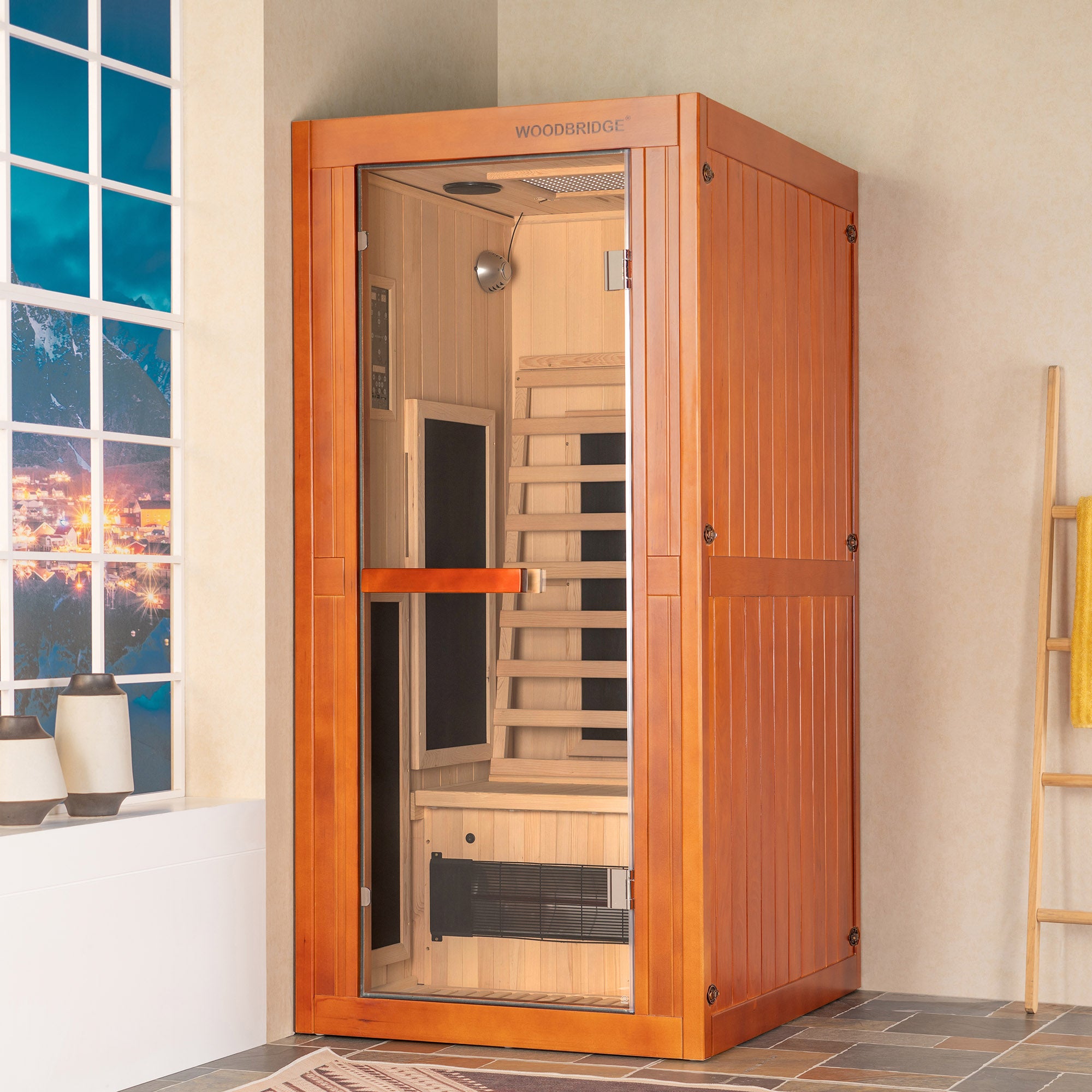 1-Person Indoor FAR Infrared Sauna in Premium Canadian Hemlock with Red Light Therapy, Bluetooth Speakers, Smart Control Panel & Chromotherapy Lighting