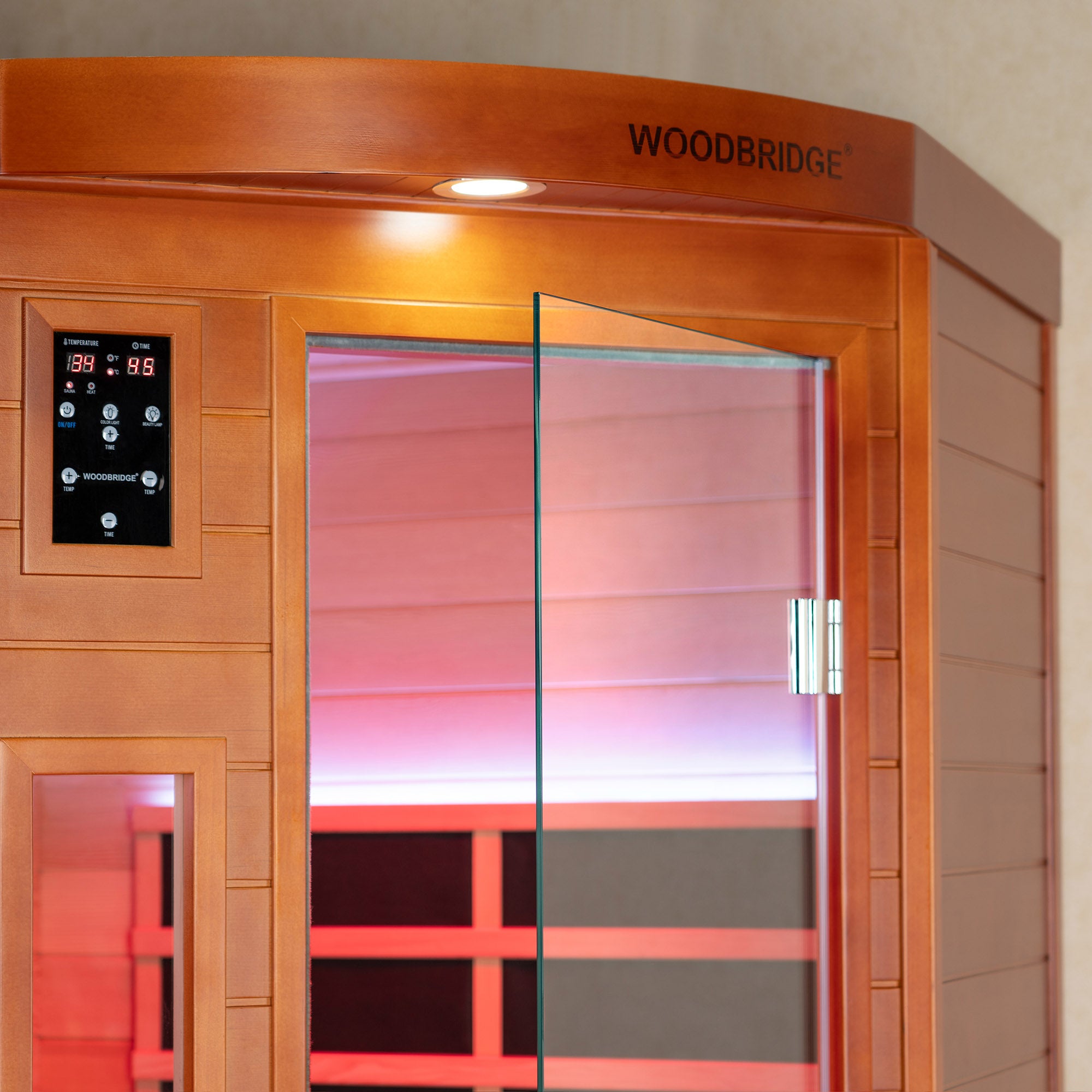 2-Person Indoor FAR Infrared Corner Sauna in Canadian Hemlock with Red Light Therapy, Bluetooth Speaker, Smart Control Panel & Chromotherapy Lighting