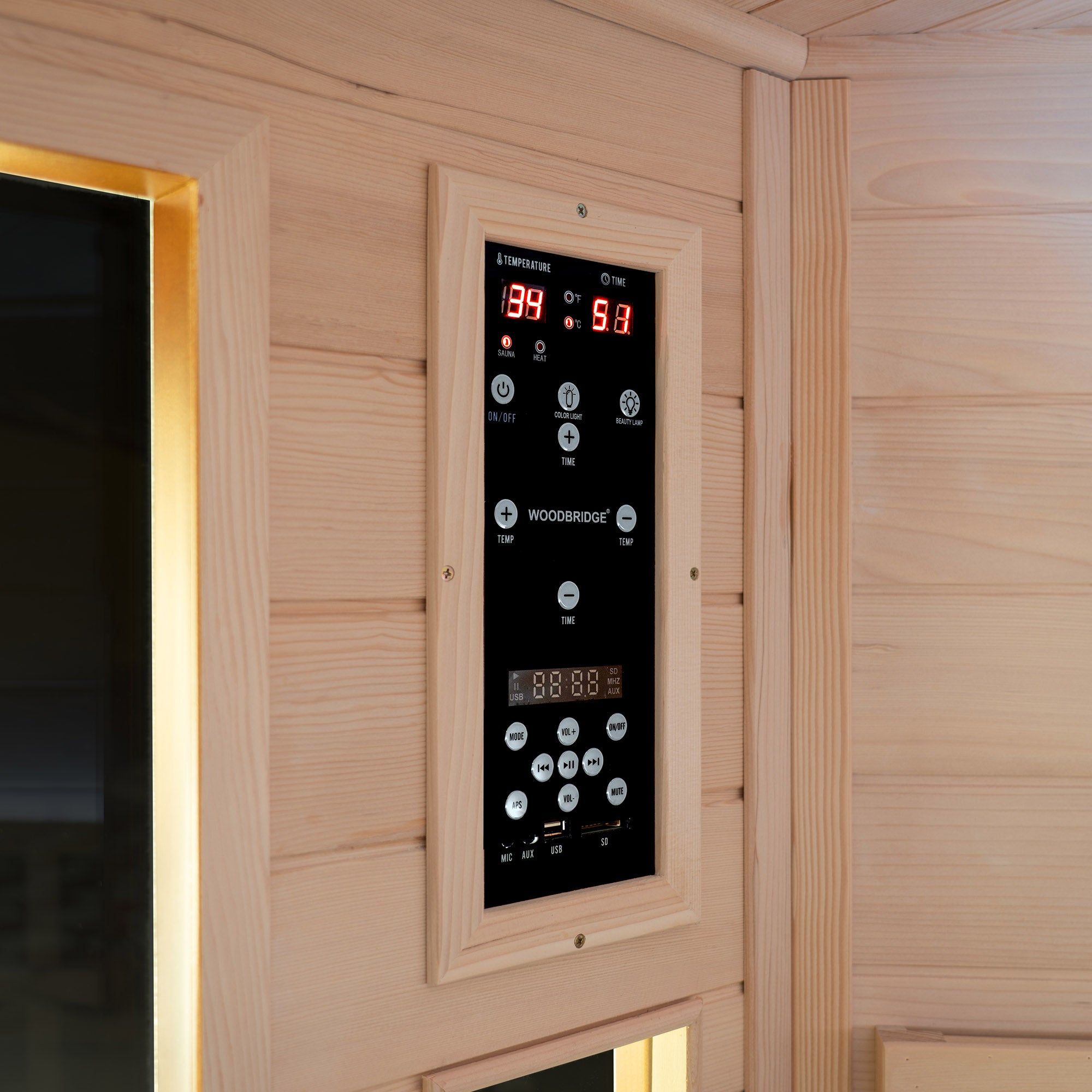 2-Person Indoor FAR Infrared Corner Sauna in Canadian Hemlock with Red Light Therapy, Bluetooth Speaker, Smart Control Panel & Chromotherapy Lighting