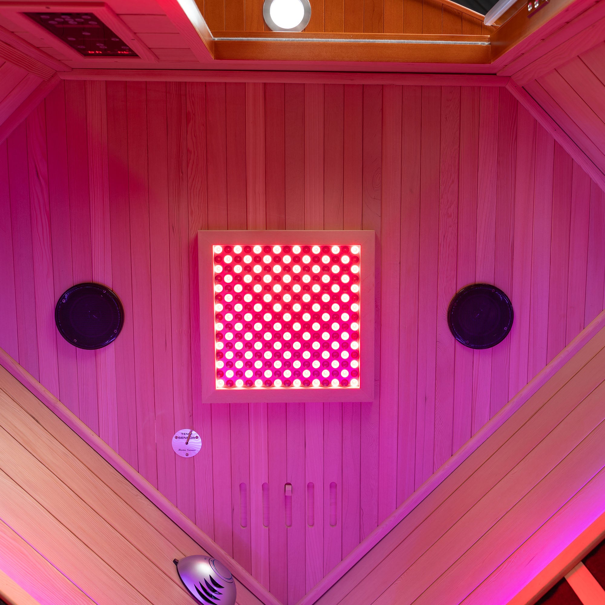 2-Person Indoor FAR Infrared Corner Sauna in Canadian Hemlock with Red Light Therapy, Bluetooth Speaker, Smart Control Panel & Chromotherapy Lighting