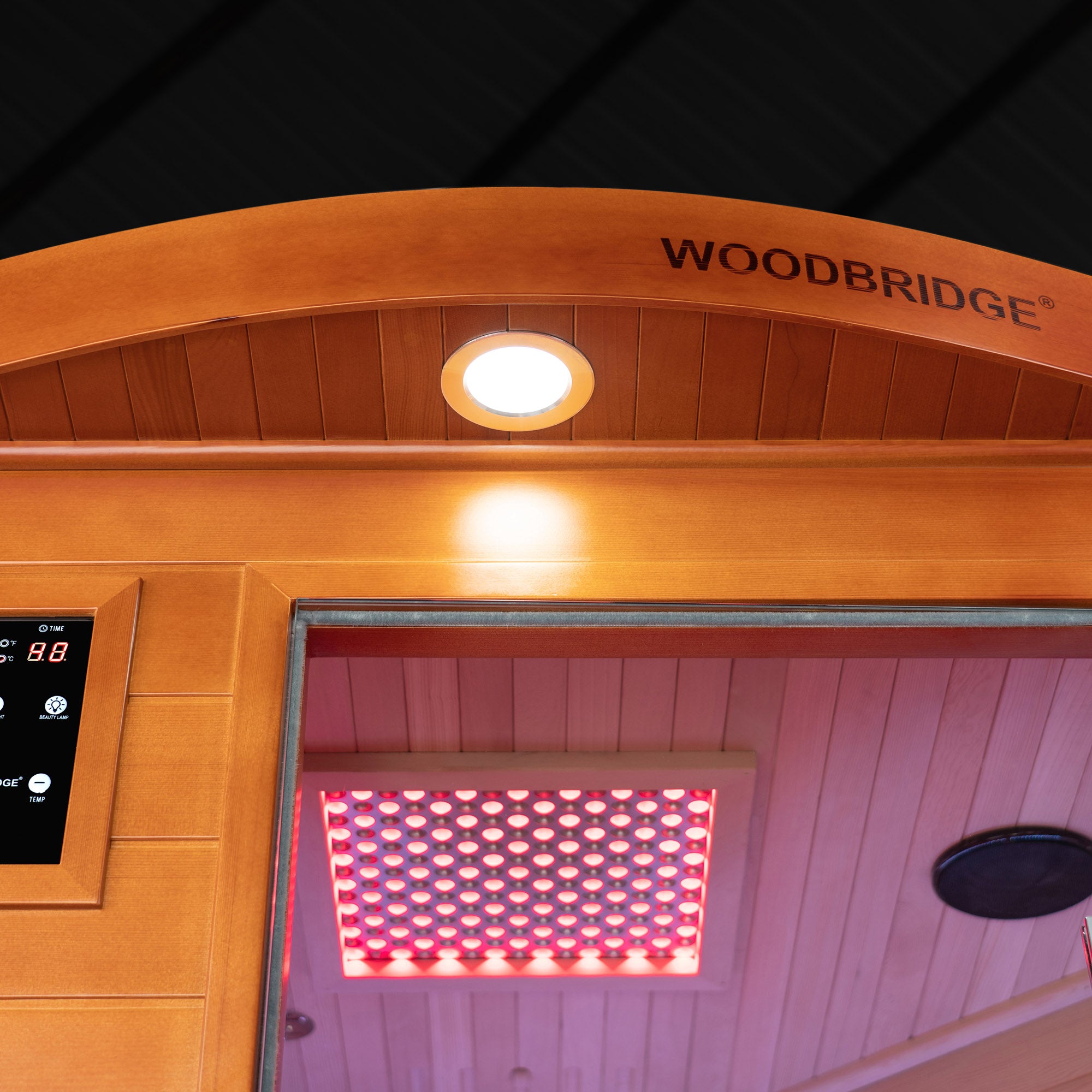 2-Person Indoor FAR Infrared Corner Sauna in Canadian Hemlock with Red Light Therapy, Bluetooth Speaker, Smart Control Panel & Chromotherapy Lighting