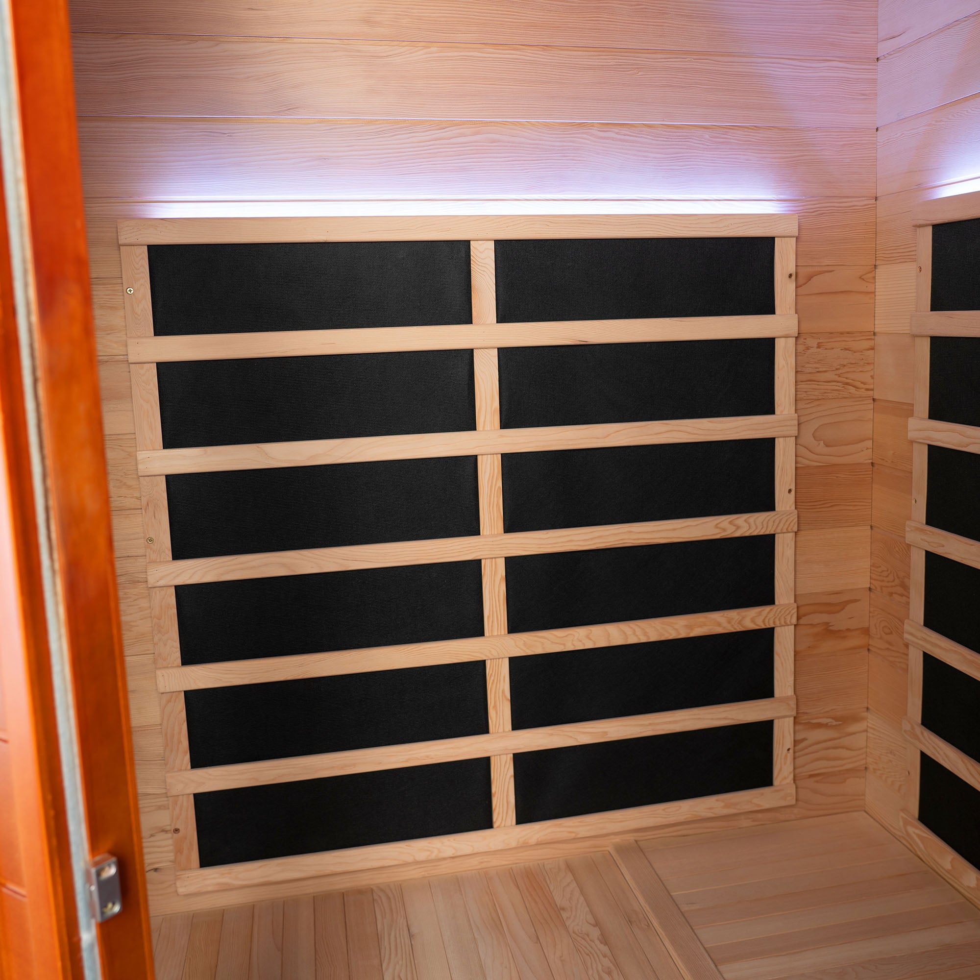 2-Person Indoor FAR Infrared Corner Sauna in Canadian Hemlock with Red Light Therapy, Bluetooth Speaker, Smart Control Panel & Chromotherapy Lighting