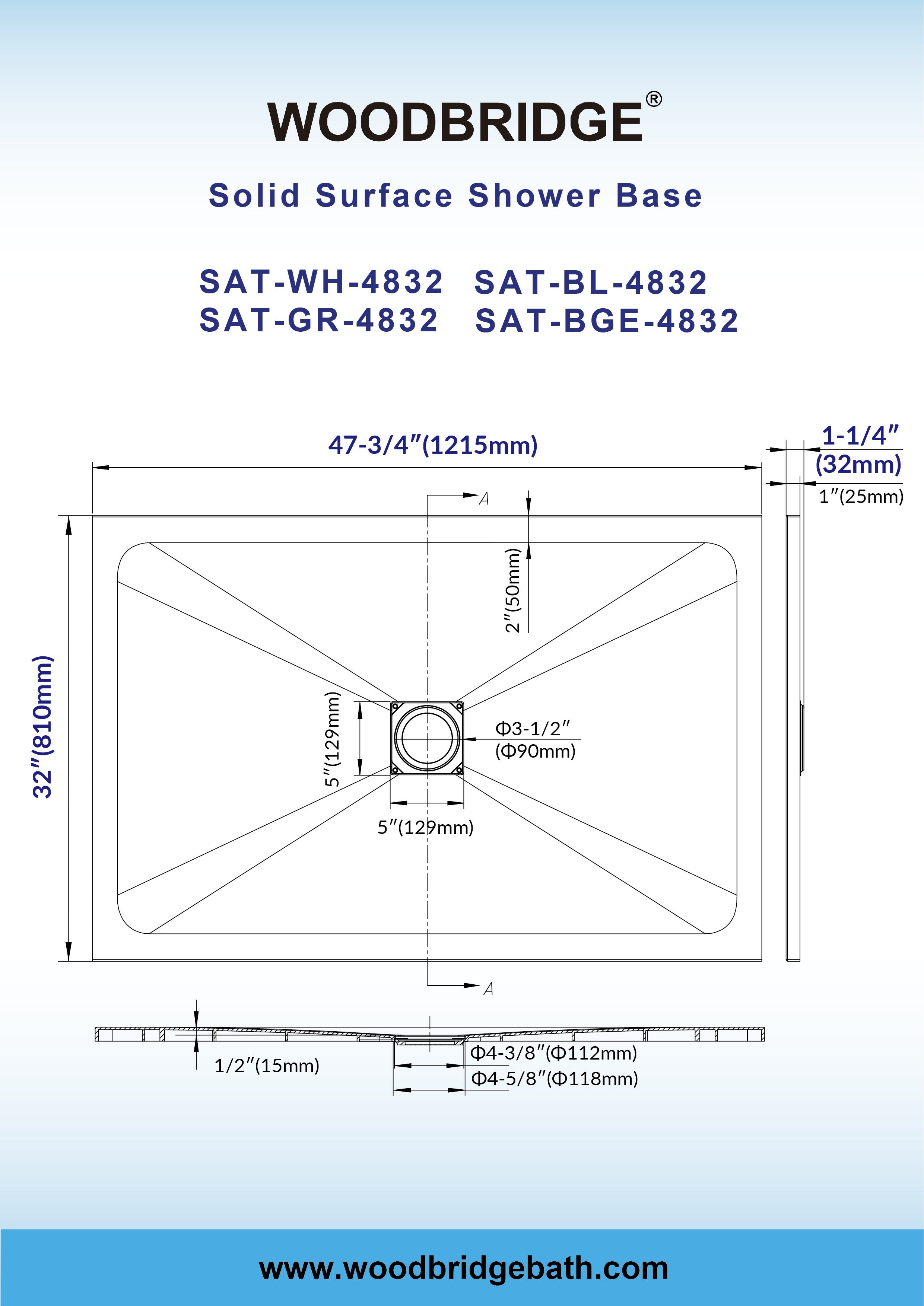 WOODBRIDGE 47.75-in L x 32-in W Zero-Threshold End-Drain Shower Base with Center Drain Placement, Matching Decorative Drain Plate and Tile Flange