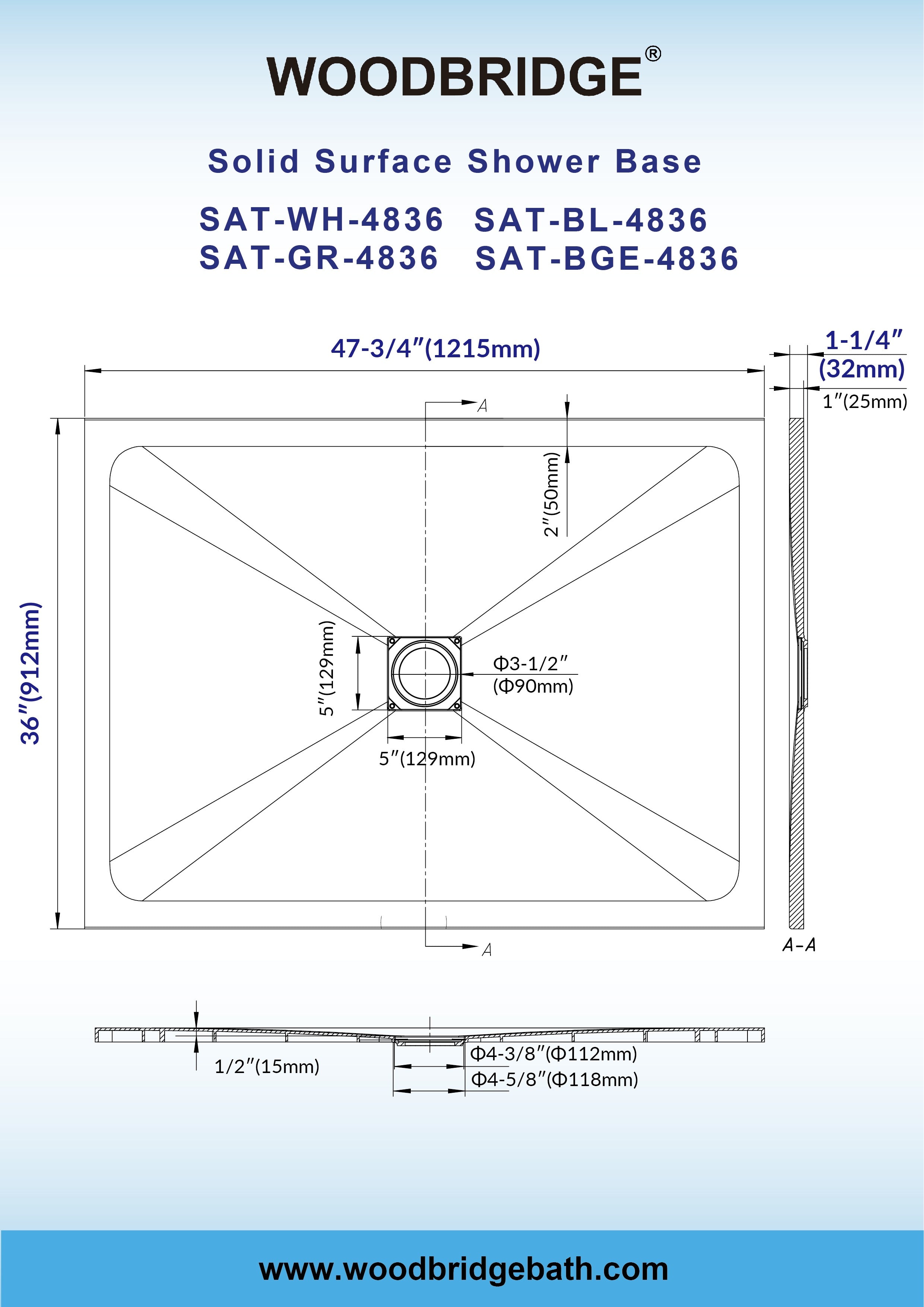 WOODBRIDGE Zero Threshold 48" x 36" Solid Surface Shower Base Center Drain