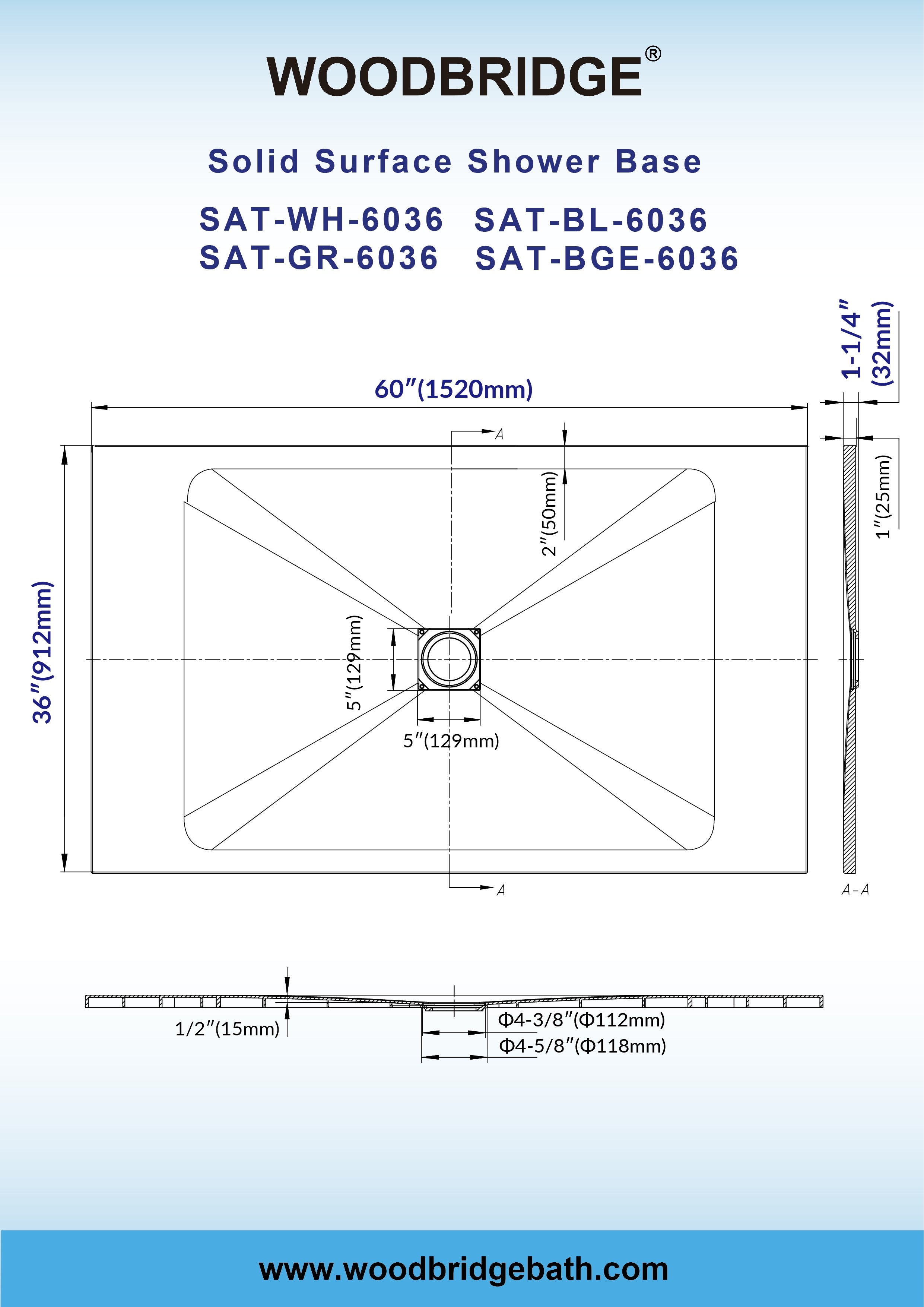 WOODBRIDGE 60-in L x 36-in W Zero-Threshold End-Drain Shower Base with Center Drain Placement, Matching Decorative Drain Plate and Tile Flange