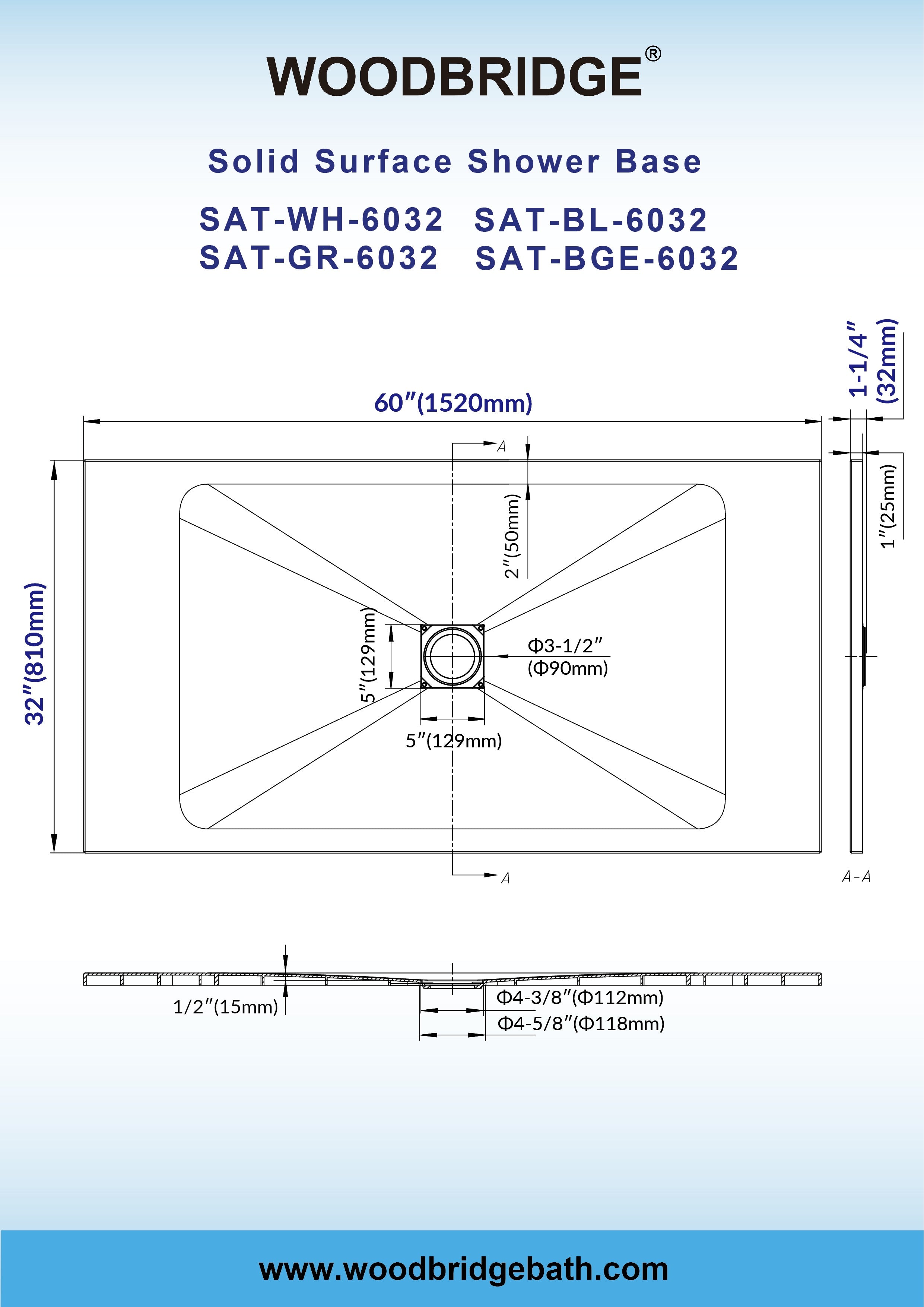 WOODBRIDGE 60-in L x 32-in W Zero-Threshold End-Drain Shower Base with Center Drain Placement, Matching Decorative Drain Plate and Tile Flange