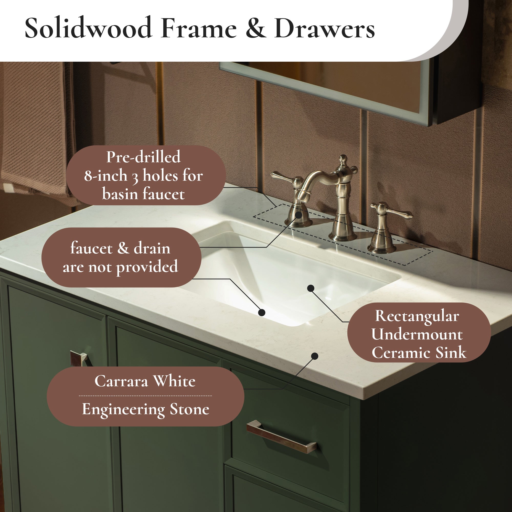 WOODBRIDGE 37" White Single Sink Bathroom Vanity Engineered Stone Top, Pre-drilled for 8 in. widespread faucets, Solid Wood Frame & Drawers, Fully Assembled and Ready to Install.