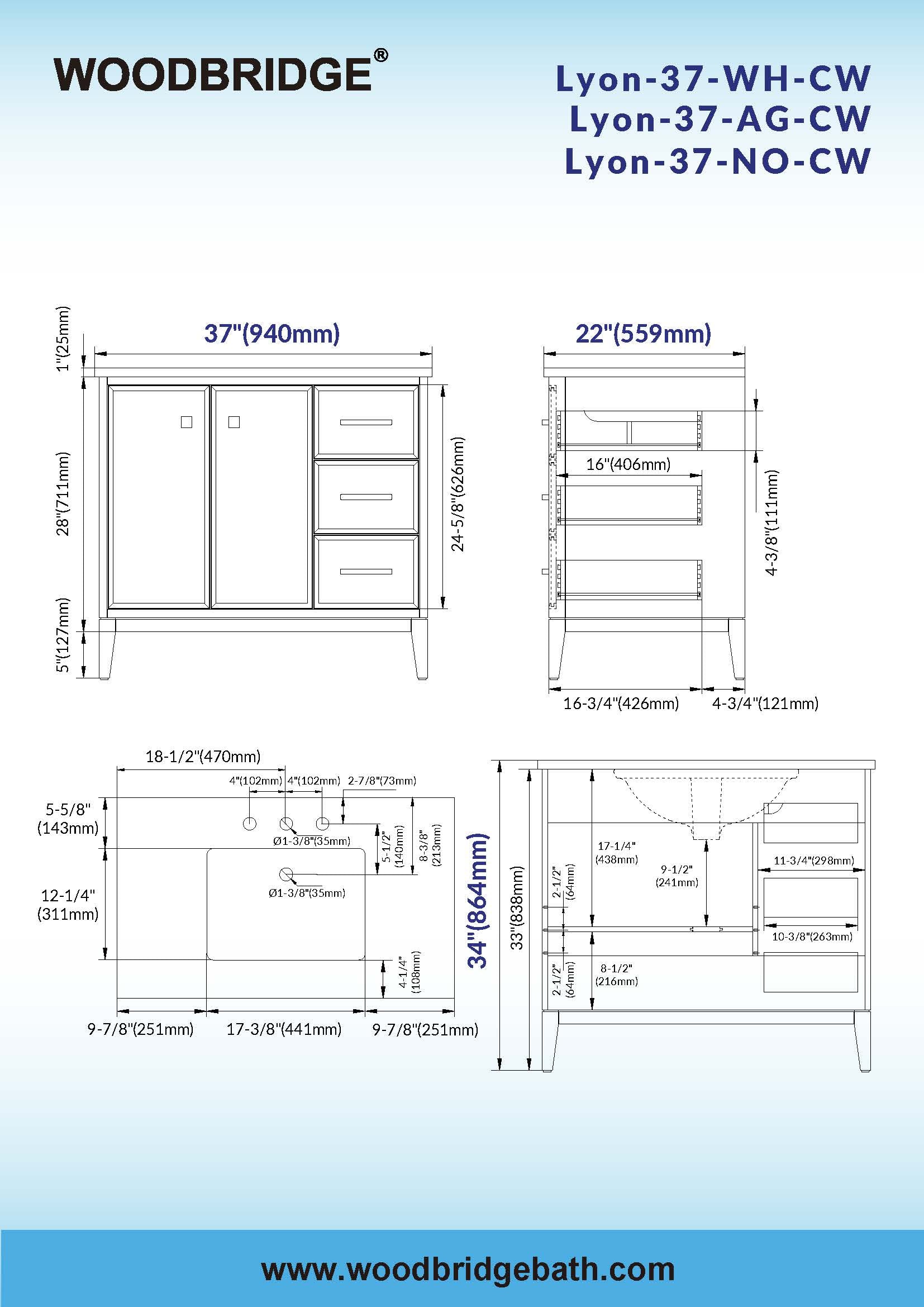 WOODBRIDGE 37" White Single Sink Bathroom Vanity Engineered Stone Top, Pre-drilled for 8 in. widespread faucets, Solid Wood Frame & Drawers, Fully Assembled and Ready to Install.