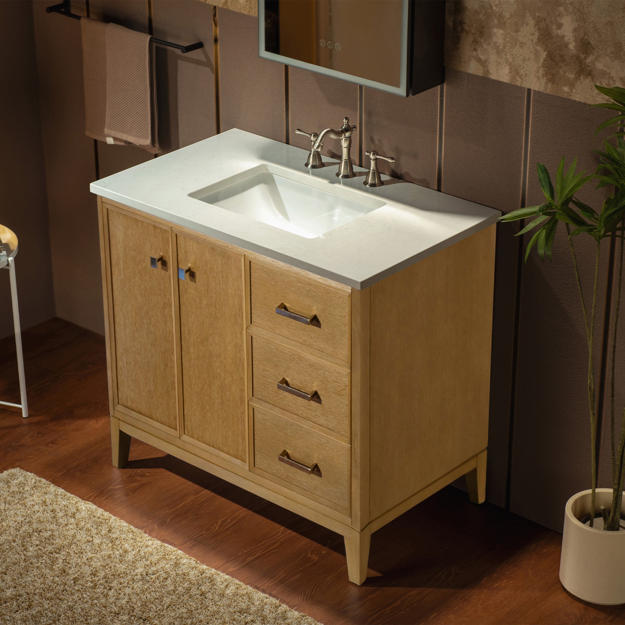 WOODBRIDGE 37" White Single Sink Bathroom Vanity Engineered Stone Top, Pre-drilled for 8 in. widespread faucets, Solid Wood Frame & Drawers, Fully Assembled and Ready to Install.
