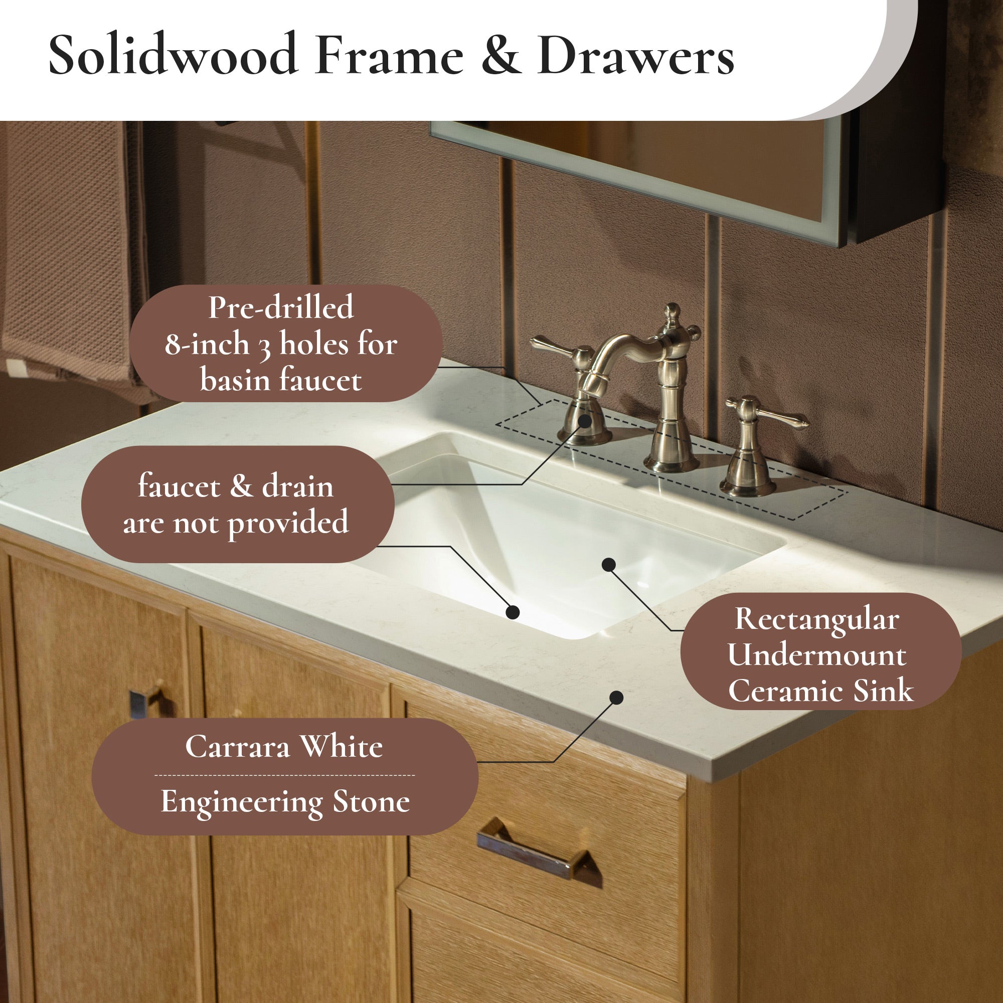 WOODBRIDGE 37" White Single Sink Bathroom Vanity Engineered Stone Top, Pre-drilled for 8 in. widespread faucets, Solid Wood Frame & Drawers, Fully Assembled and Ready to Install.