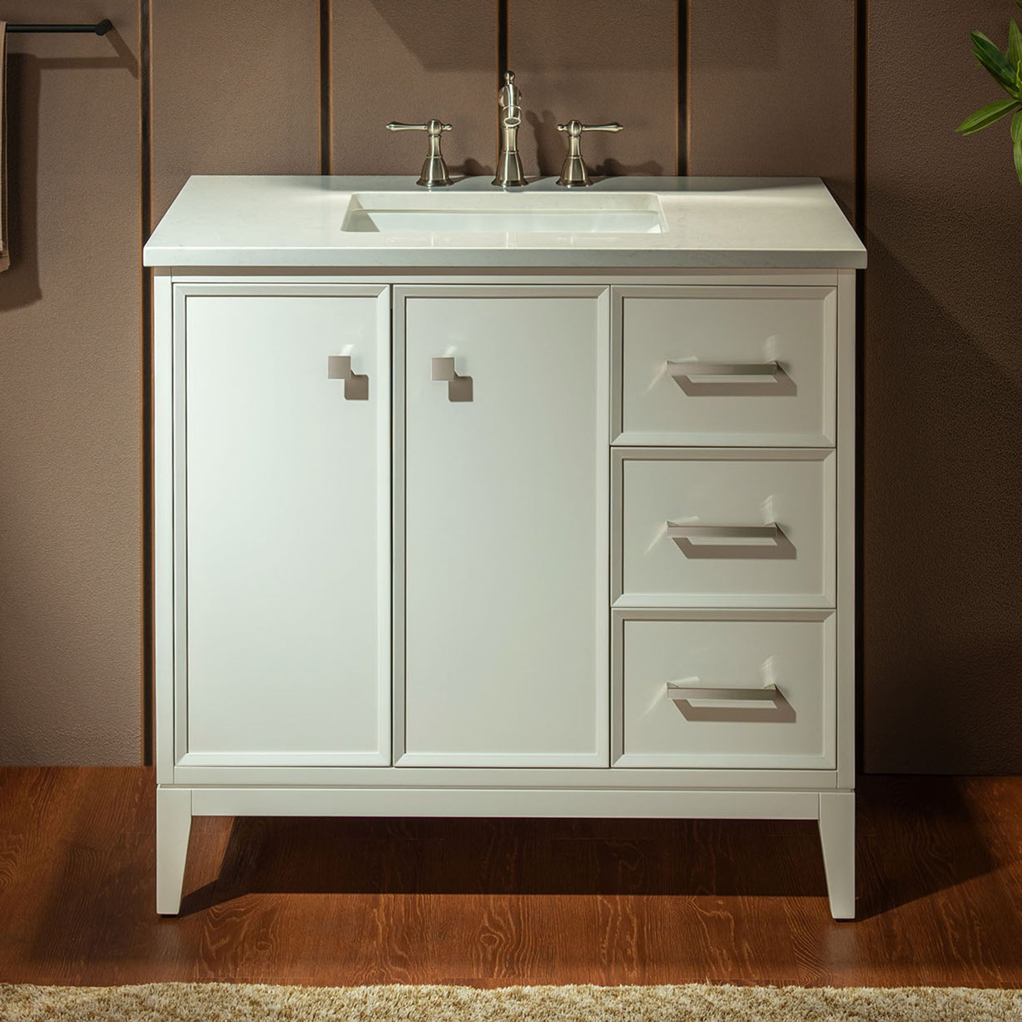 WOODBRIDGE 37" White Single Sink Bathroom Vanity Engineered Stone Top, Pre-drilled for 8 in. widespread faucets, Solid Wood Frame & Drawers, Fully Assembled and Ready to Install.