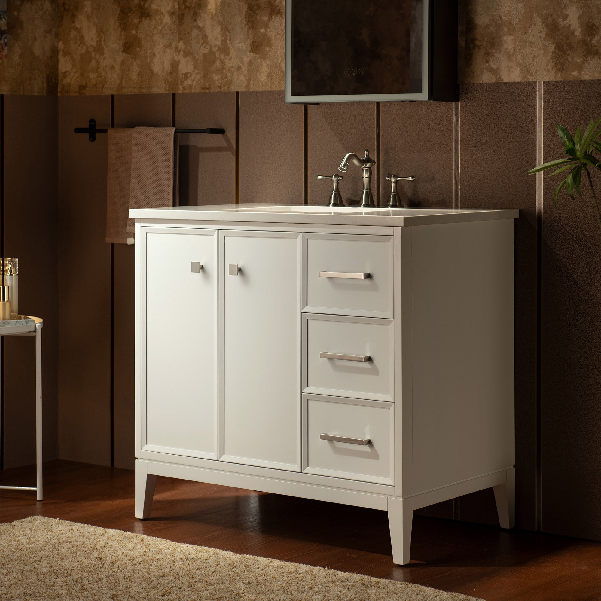 WOODBRIDGE 37" White Single Sink Bathroom Vanity Engineered Stone Top, Pre-drilled for 8 in. widespread faucets, Solid Wood Frame & Drawers, Fully Assembled and Ready to Install.