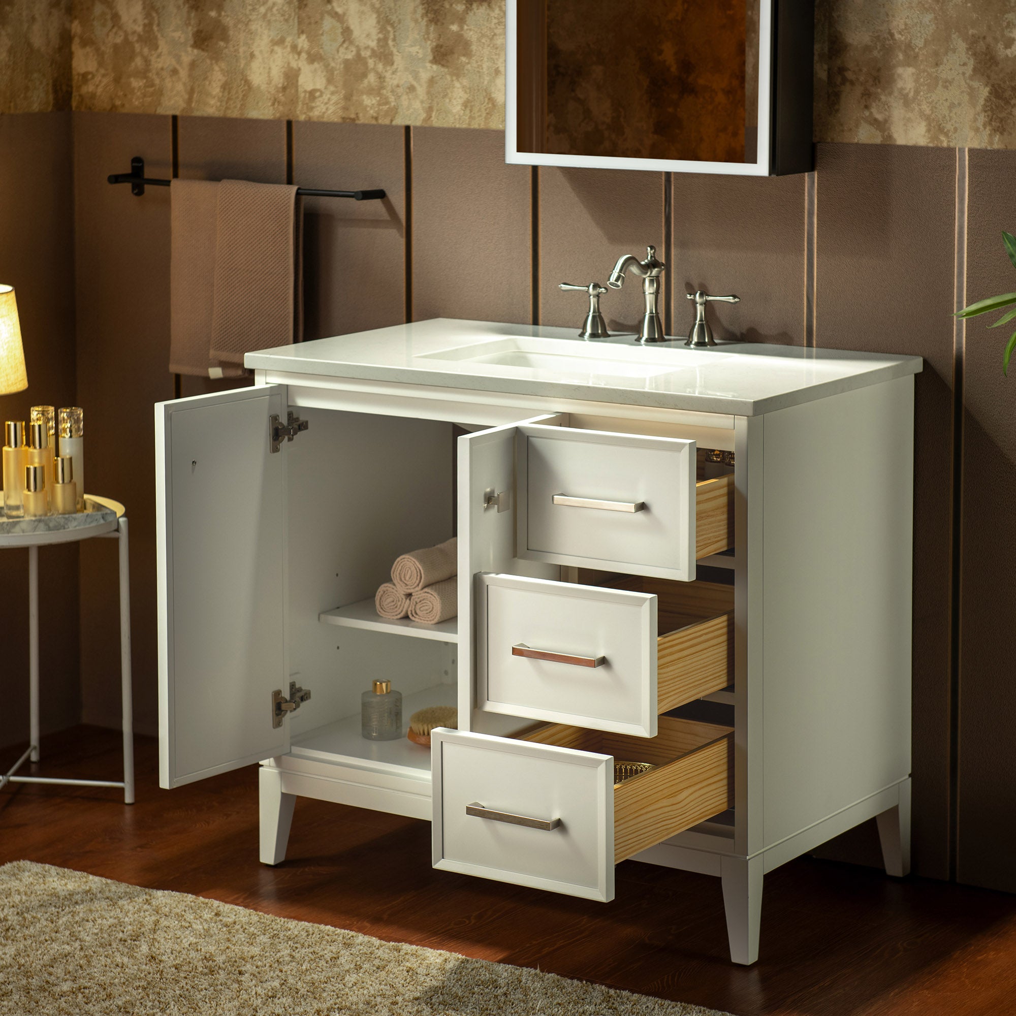 WOODBRIDGE 37" White Single Sink Bathroom Vanity Engineered Stone Top, Pre-drilled for 8 in. widespread faucets, Solid Wood Frame & Drawers, Fully Assembled and Ready to Install.