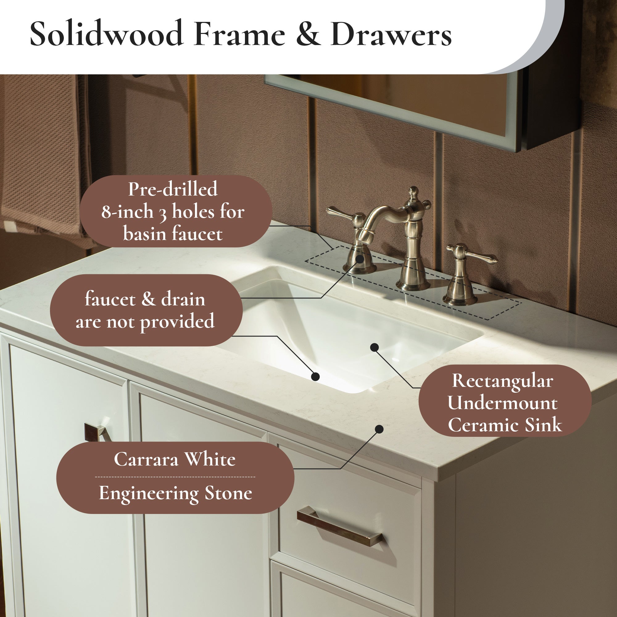 WOODBRIDGE 37" White Single Sink Bathroom Vanity Engineered Stone Top, Pre-drilled for 8 in. widespread faucets, Solid Wood Frame & Drawers, Fully Assembled and Ready to Install.