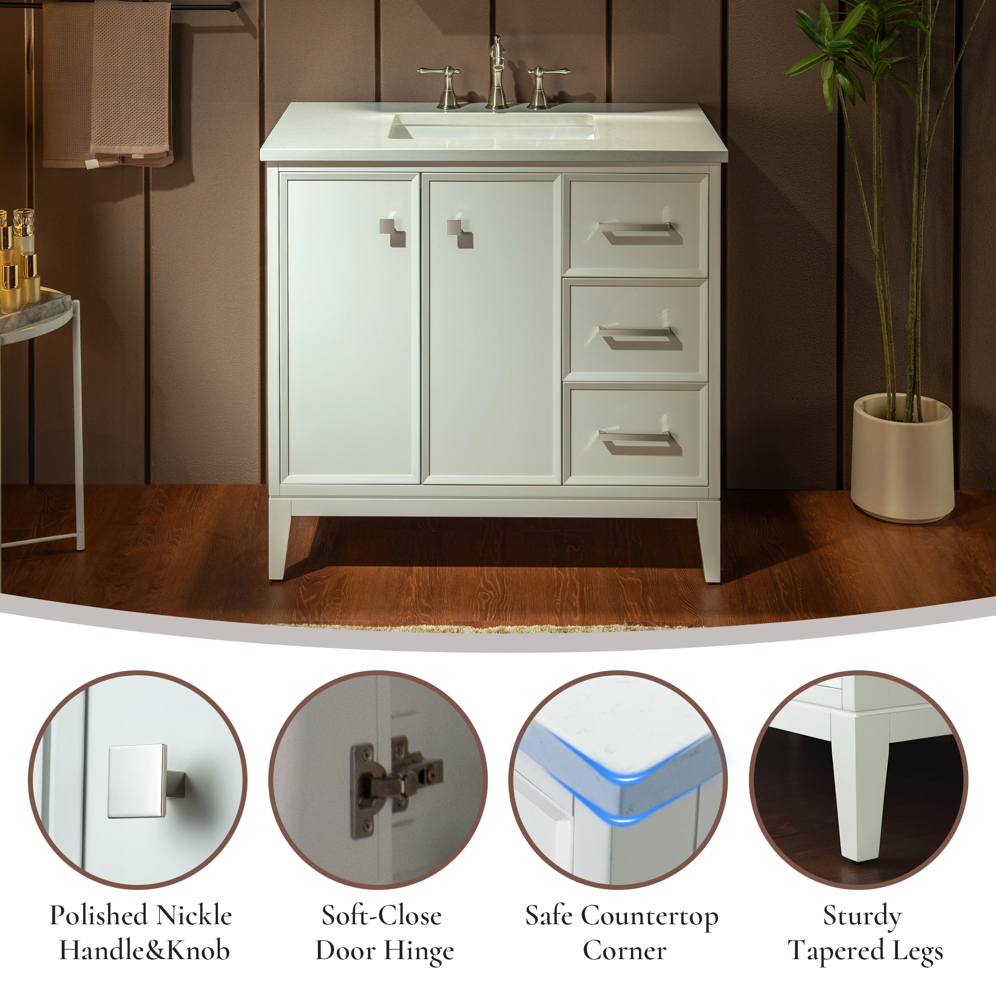 WOODBRIDGE 37" White Single Sink Bathroom Vanity Engineered Stone Top, Pre-drilled for 8 in. widespread faucets, Solid Wood Frame & Drawers, Fully Assembled and Ready to Install.