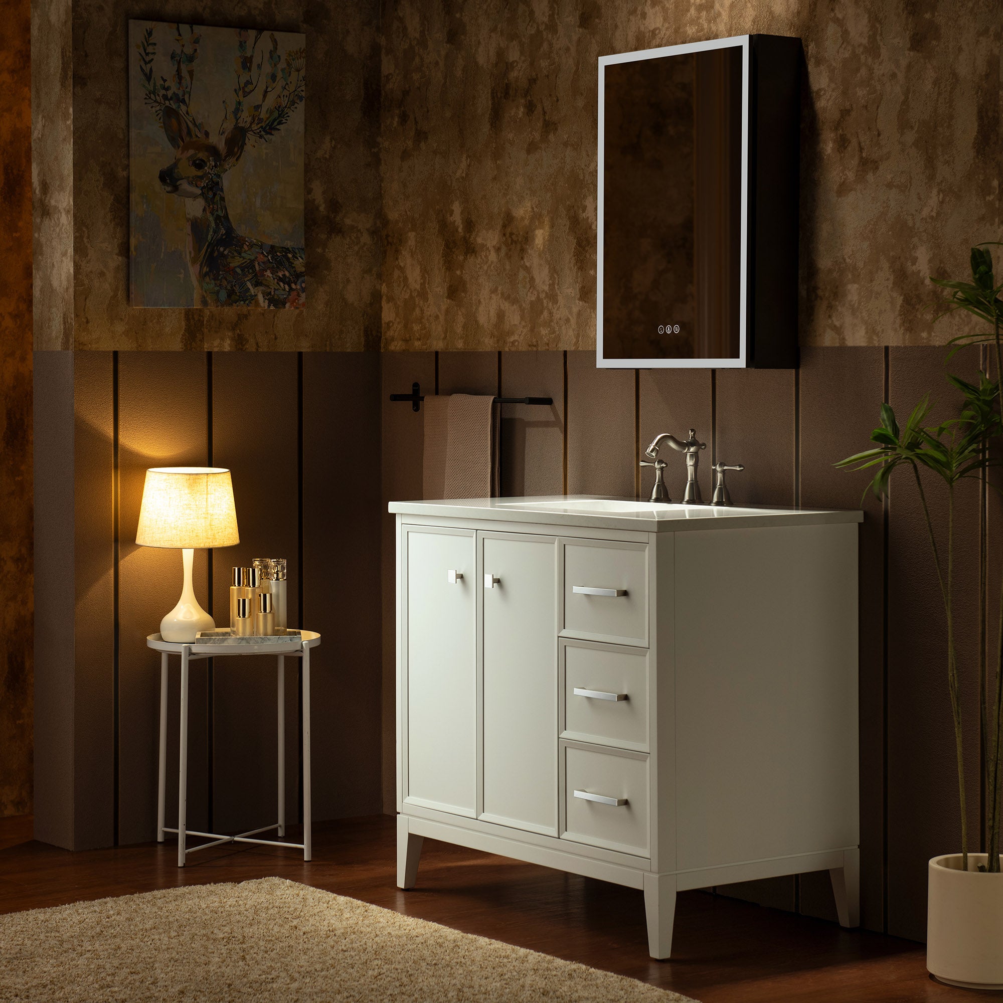 WOODBRIDGE 37" White Single Sink Bathroom Vanity Engineered Stone Top, Pre-drilled for 8 in. widespread faucets, Solid Wood Frame & Drawers, Fully Assembled and Ready to Install.