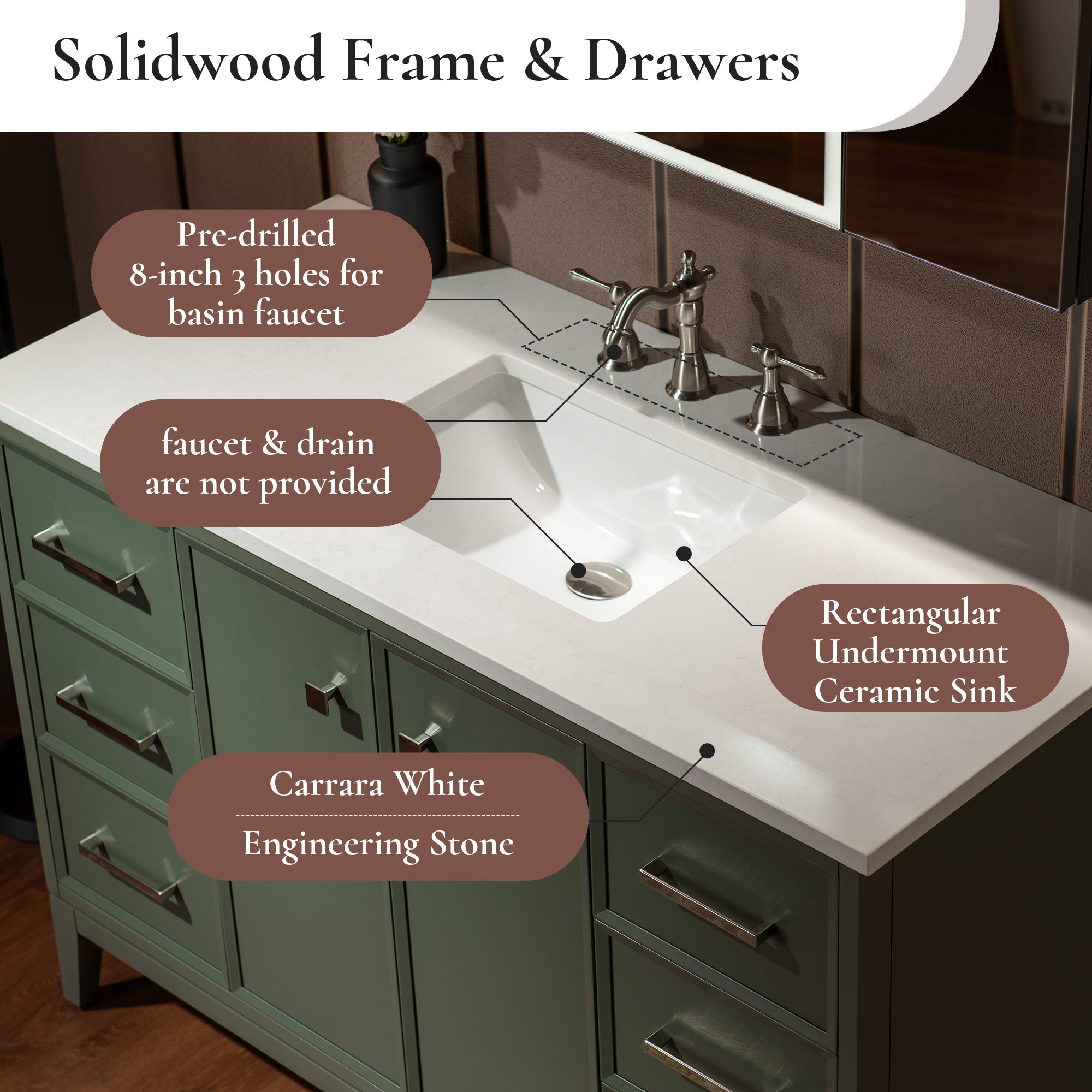 WOODBRIDGE 49" White Single Sink Bathroom Vanity Engineered Stone Top, Pre-drilled for 8 in. widespread faucets, Solid Wood Frame & Drawers, Fully Assembled and Ready to Install.