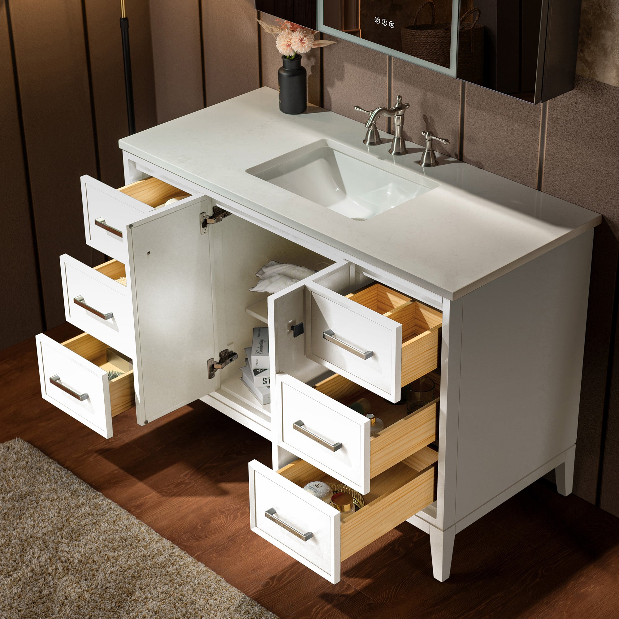 WOODBRIDGE 49" White Single Sink Bathroom Vanity Engineered Stone Top, Pre-drilled for 8 in. widespread faucets, Solid Wood Frame & Drawers, Fully Assembled and Ready to Install.