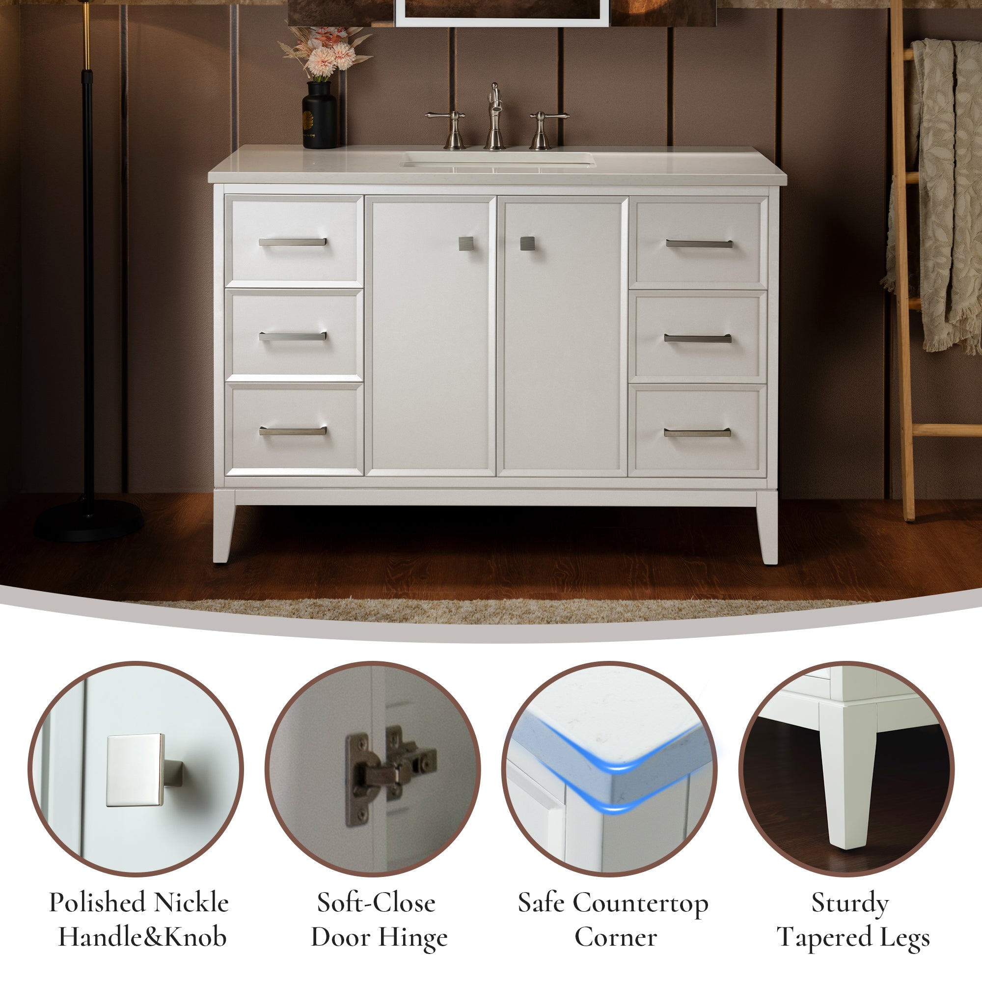 WOODBRIDGE 49" White Single Sink Bathroom Vanity Engineered Stone Top, Pre-drilled for 8 in. widespread faucets, Solid Wood Frame & Drawers, Fully Assembled and Ready to Install.