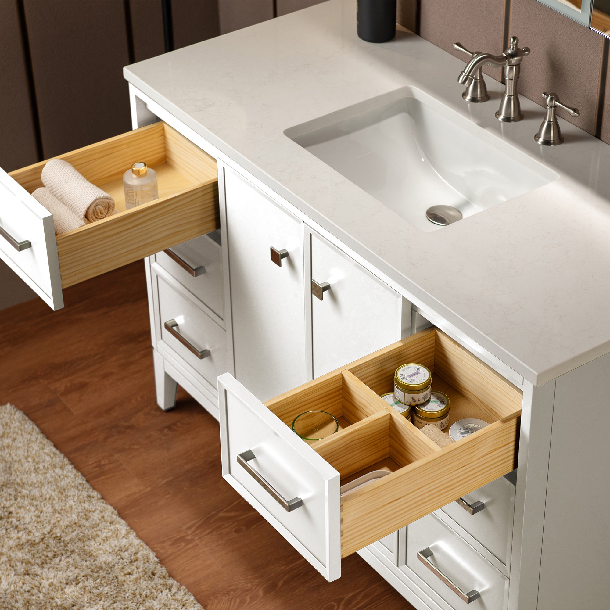 WOODBRIDGE 49" White Single Sink Bathroom Vanity Engineered Stone Top, Pre-drilled for 8 in. widespread faucets, Solid Wood Frame & Drawers, Fully Assembled and Ready to Install.