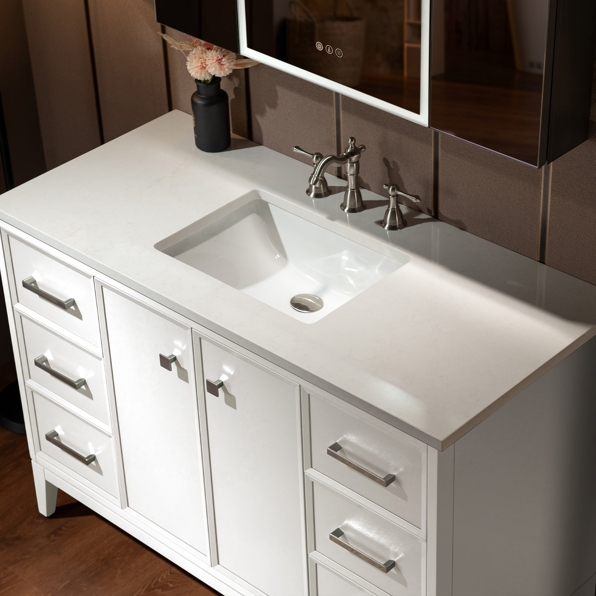 WOODBRIDGE 49" White Single Sink Bathroom Vanity Engineered Stone Top, Pre-drilled for 8 in. widespread faucets, Solid Wood Frame & Drawers, Fully Assembled and Ready to Install.