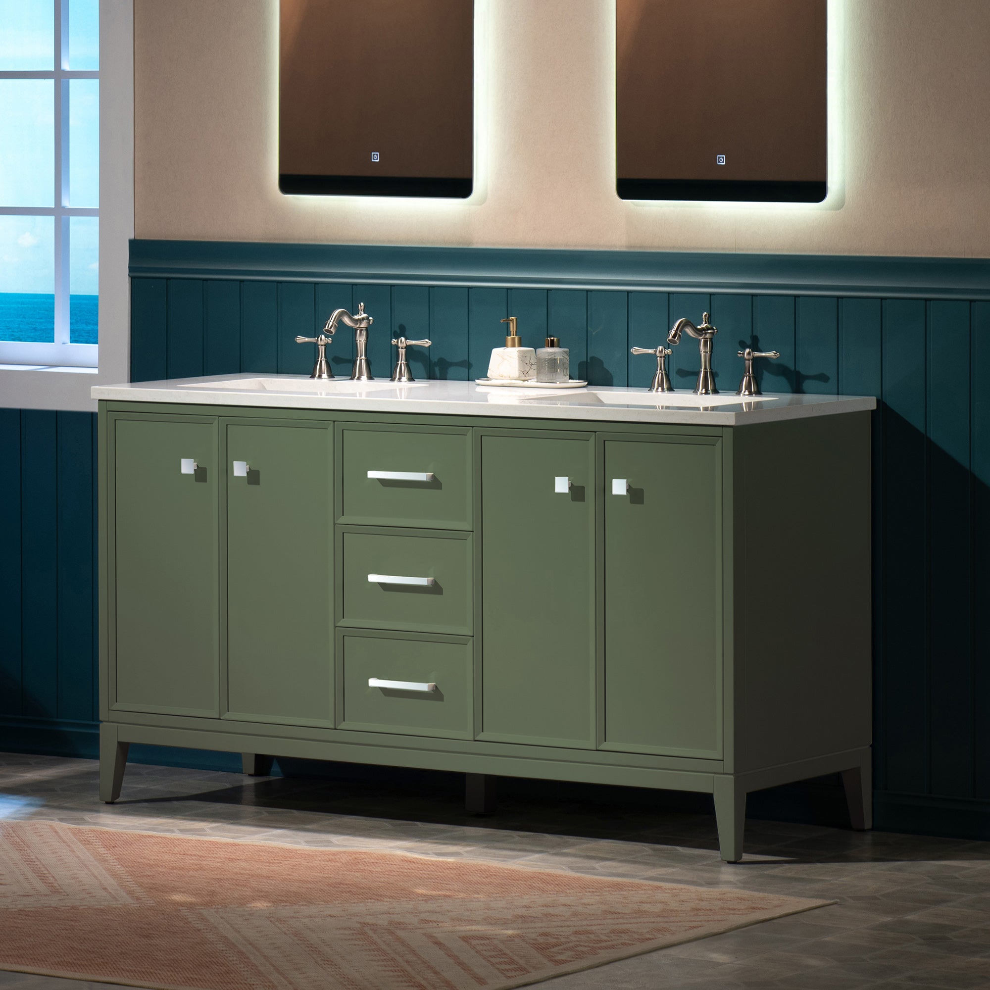WOODBRIDGE 61" White Bathroom Vanity – Double Sink with Engineered Stone Top, Pre-drilled for 8 in. widespread faucets, Solid Wood Frame & Drawers, Fully Assembled and Ready for Installation