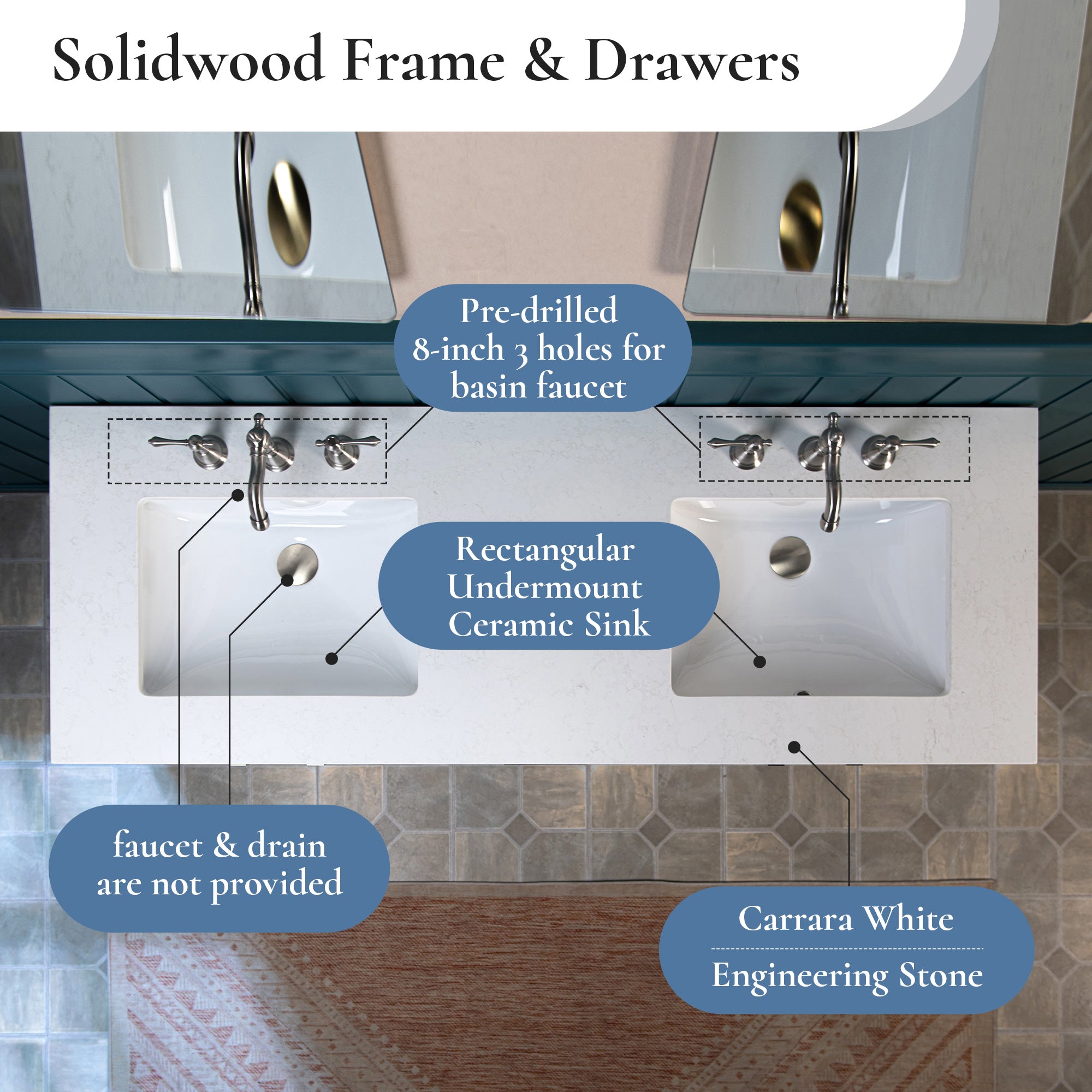 WOODBRIDGE 61" White Bathroom Vanity – Double Sink with Engineered Stone Top, Pre-drilled for 8 in. widespread faucets, Solid Wood Frame & Drawers, Fully Assembled and Ready for Installation