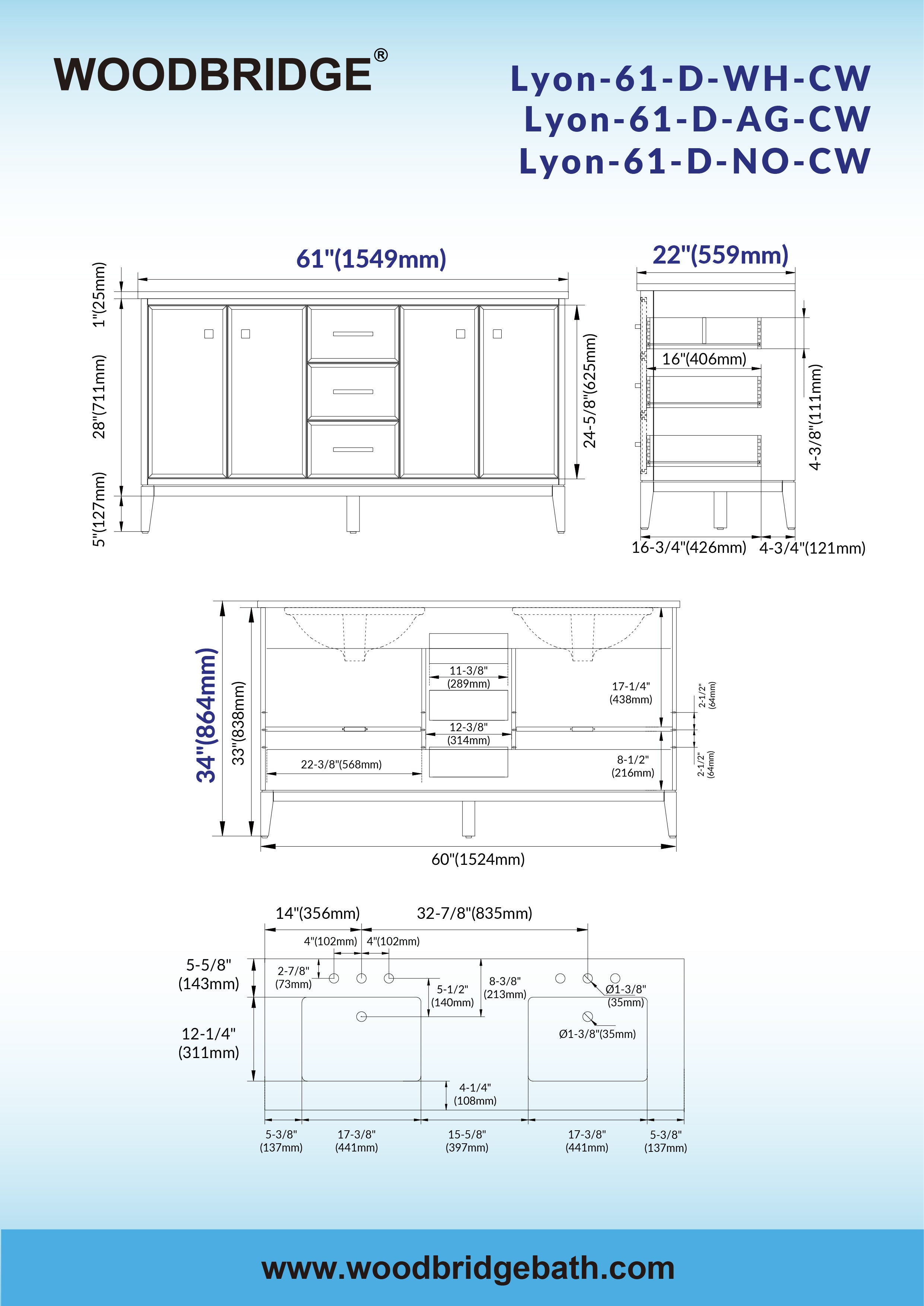 WOODBRIDGE 61" White Bathroom Vanity – Double Sink with Engineered Stone Top, Pre-drilled for 8 in. widespread faucets, Solid Wood Frame & Drawers, Fully Assembled and Ready for Installation
