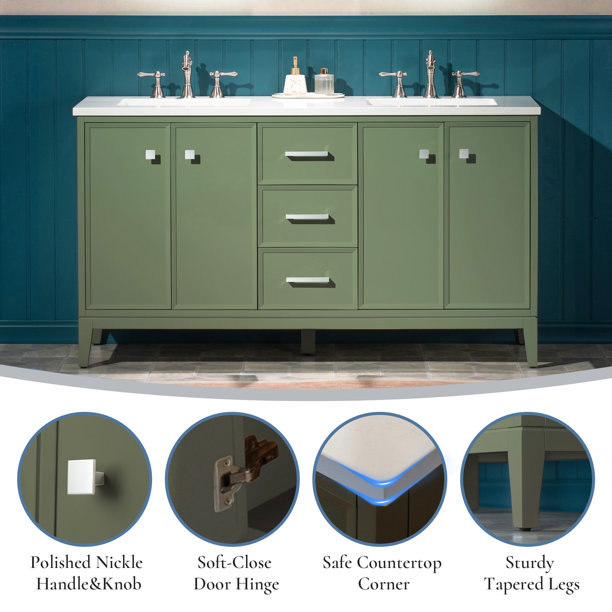 WOODBRIDGE 61" White Bathroom Vanity – Double Sink with Engineered Stone Top, Pre-drilled for 8 in. widespread faucets, Solid Wood Frame & Drawers, Fully Assembled and Ready for Installation