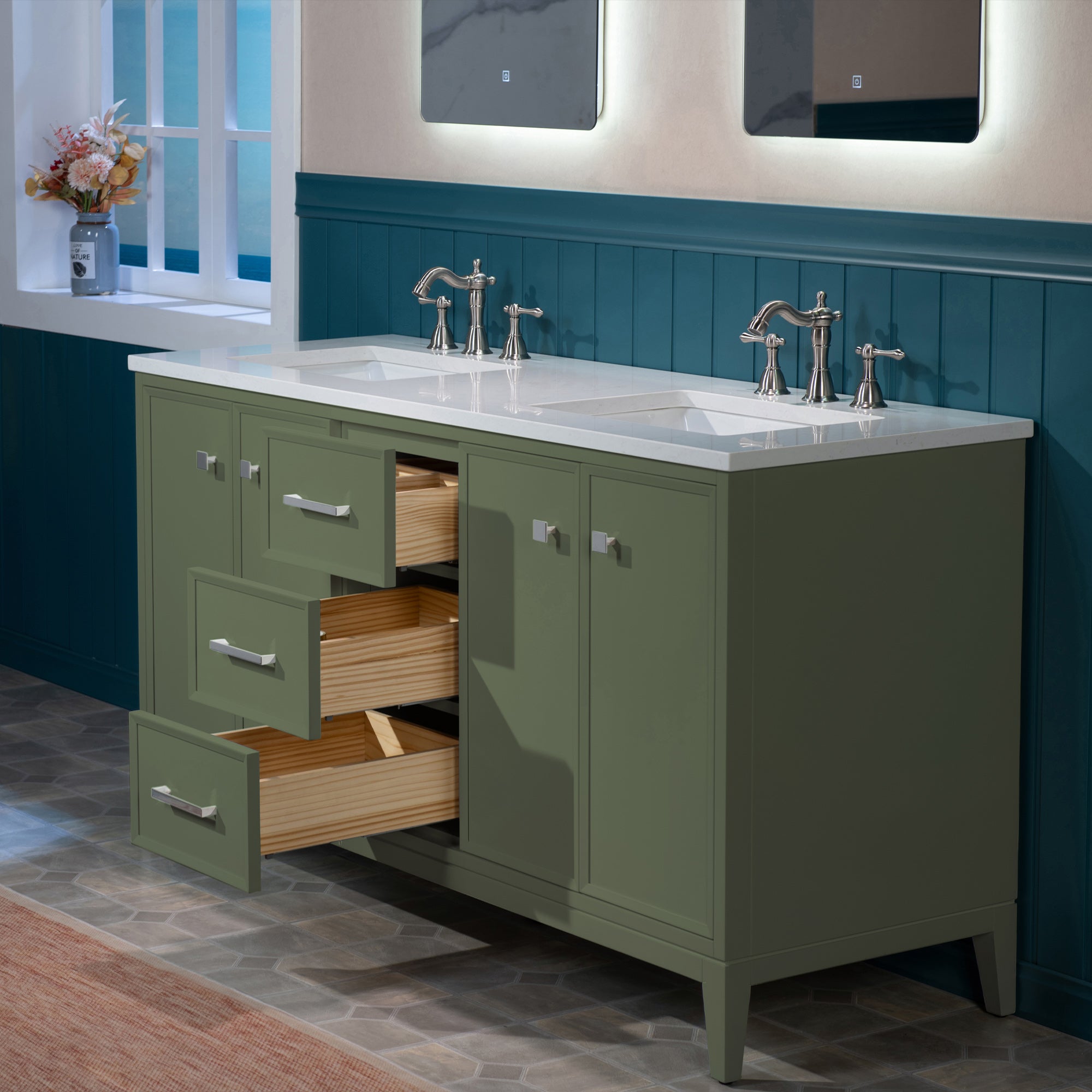 WOODBRIDGE 61" White Bathroom Vanity – Double Sink with Engineered Stone Top, Pre-drilled for 8 in. widespread faucets, Solid Wood Frame & Drawers, Fully Assembled and Ready for Installation