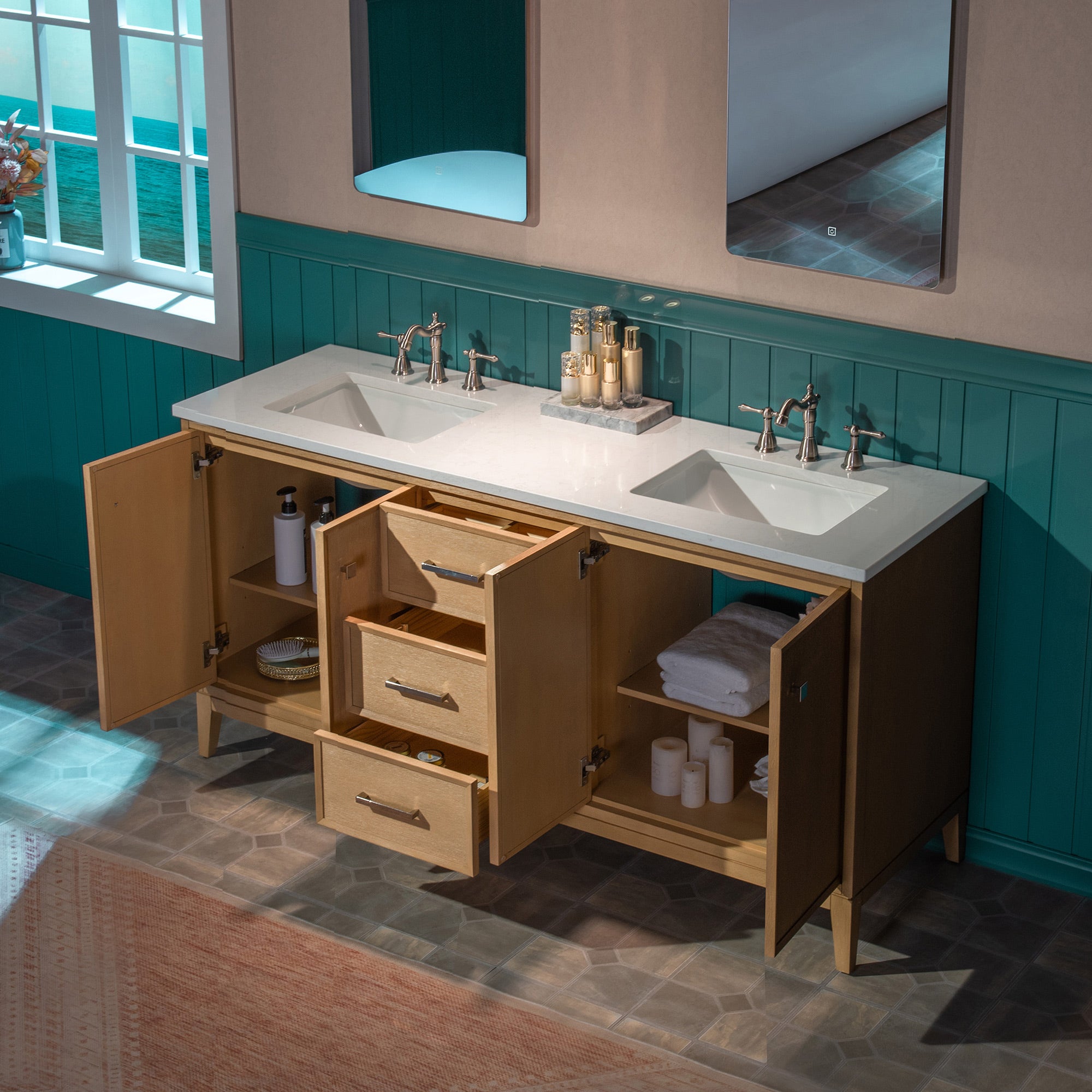 WOODBRIDGE 61" White Bathroom Vanity – Double Sink with Engineered Stone Top, Pre-drilled for 8 in. widespread faucets, Solid Wood Frame & Drawers, Fully Assembled and Ready for Installation