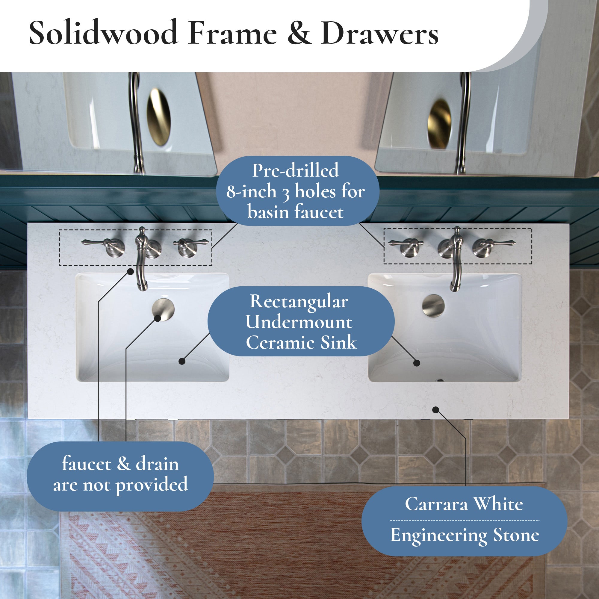 WOODBRIDGE 61" White Bathroom Vanity – Double Sink with Engineered Stone Top, Pre-drilled for 8 in. widespread faucets, Solid Wood Frame & Drawers, Fully Assembled and Ready for Installation