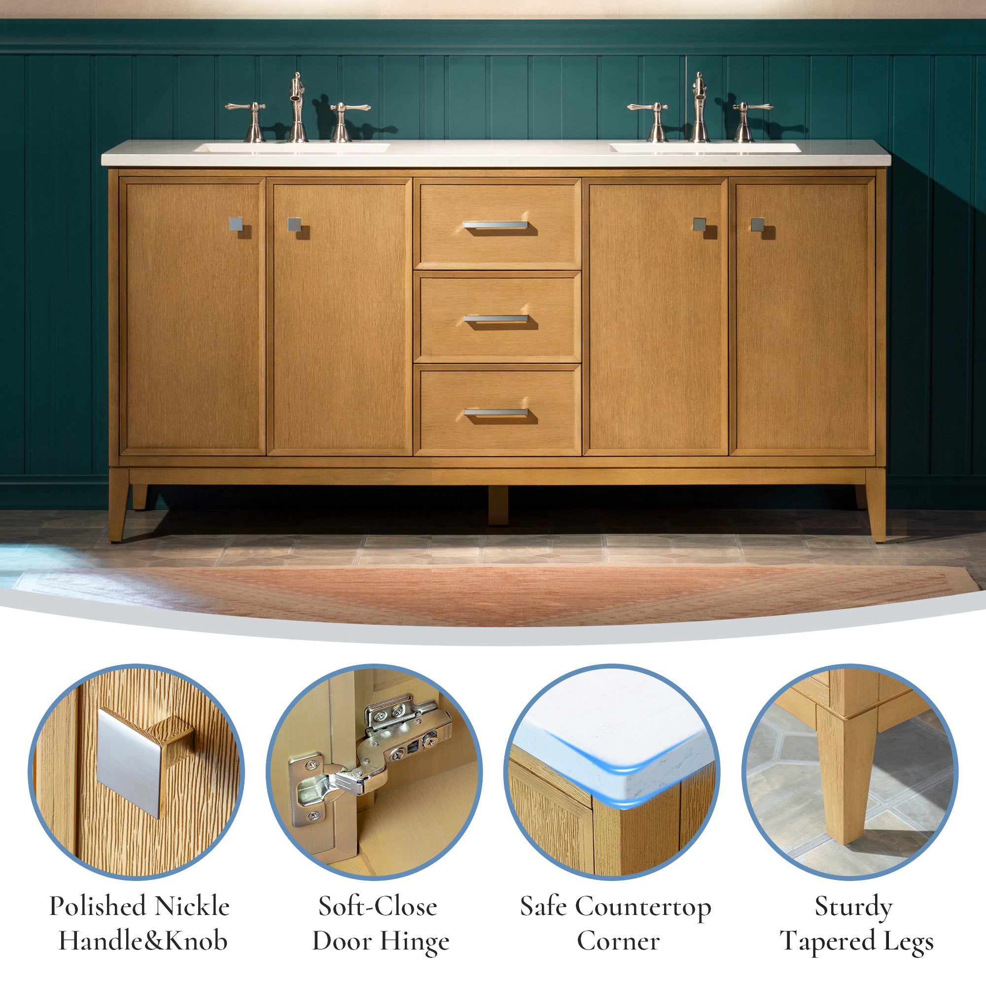 WOODBRIDGE 61" White Bathroom Vanity – Double Sink with Engineered Stone Top, Pre-drilled for 8 in. widespread faucets, Solid Wood Frame & Drawers, Fully Assembled and Ready for Installation