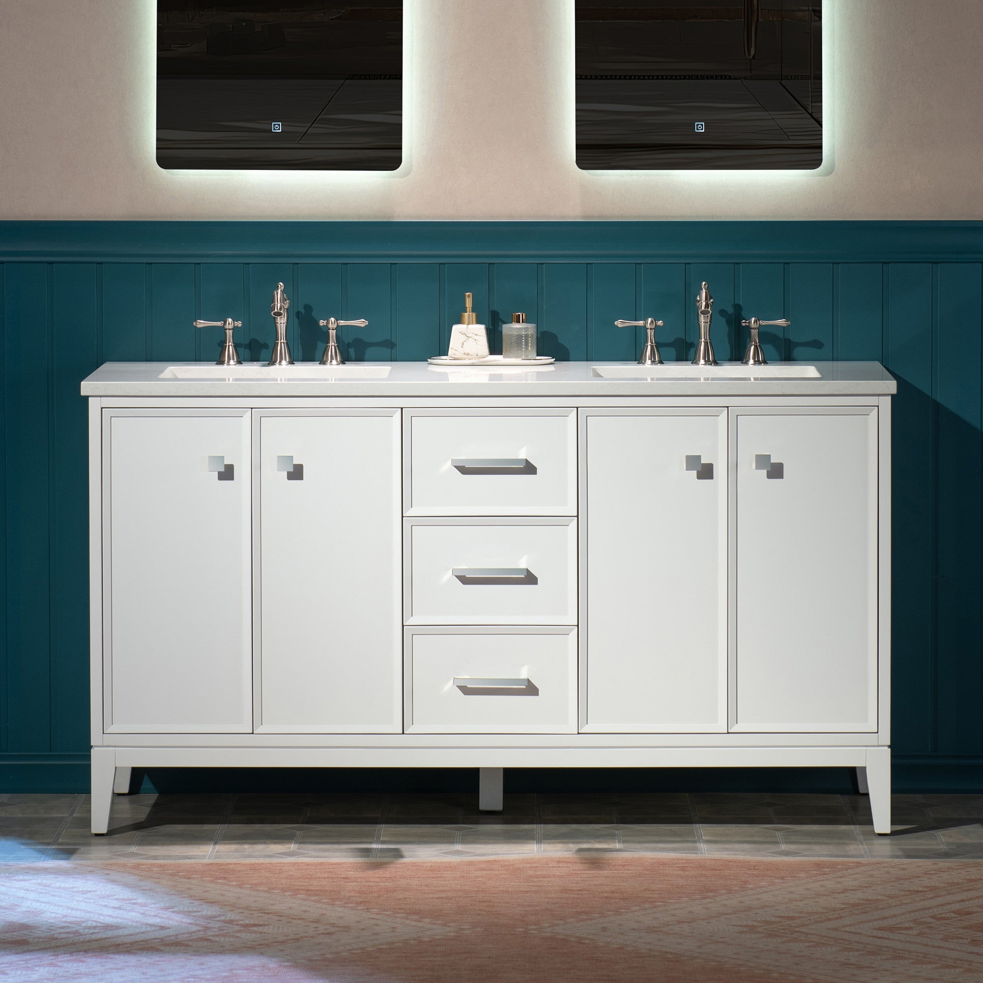 WOODBRIDGE 61" White Bathroom Vanity – Double Sink with Engineered Stone Top, Pre-drilled for 8 in. widespread faucets, Solid Wood Frame & Drawers, Fully Assembled and Ready for Installation
