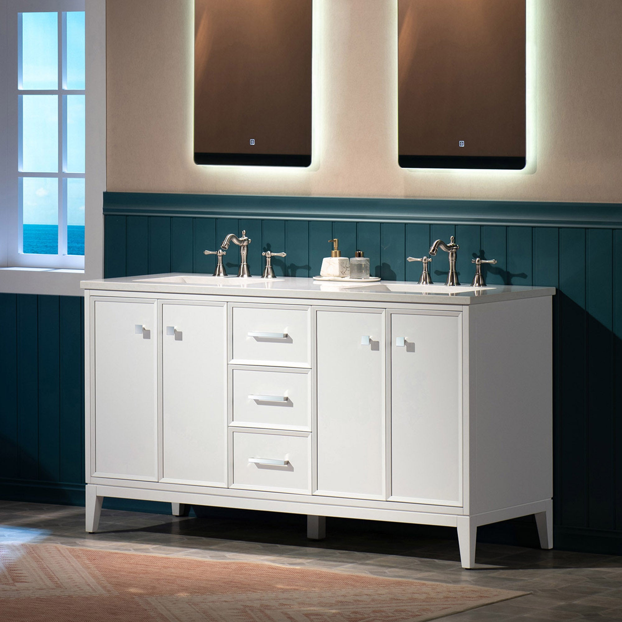 WOODBRIDGE 61" White Bathroom Vanity – Double Sink with Engineered Stone Top, Pre-drilled for 8 in. widespread faucets, Solid Wood Frame & Drawers, Fully Assembled and Ready for Installation
