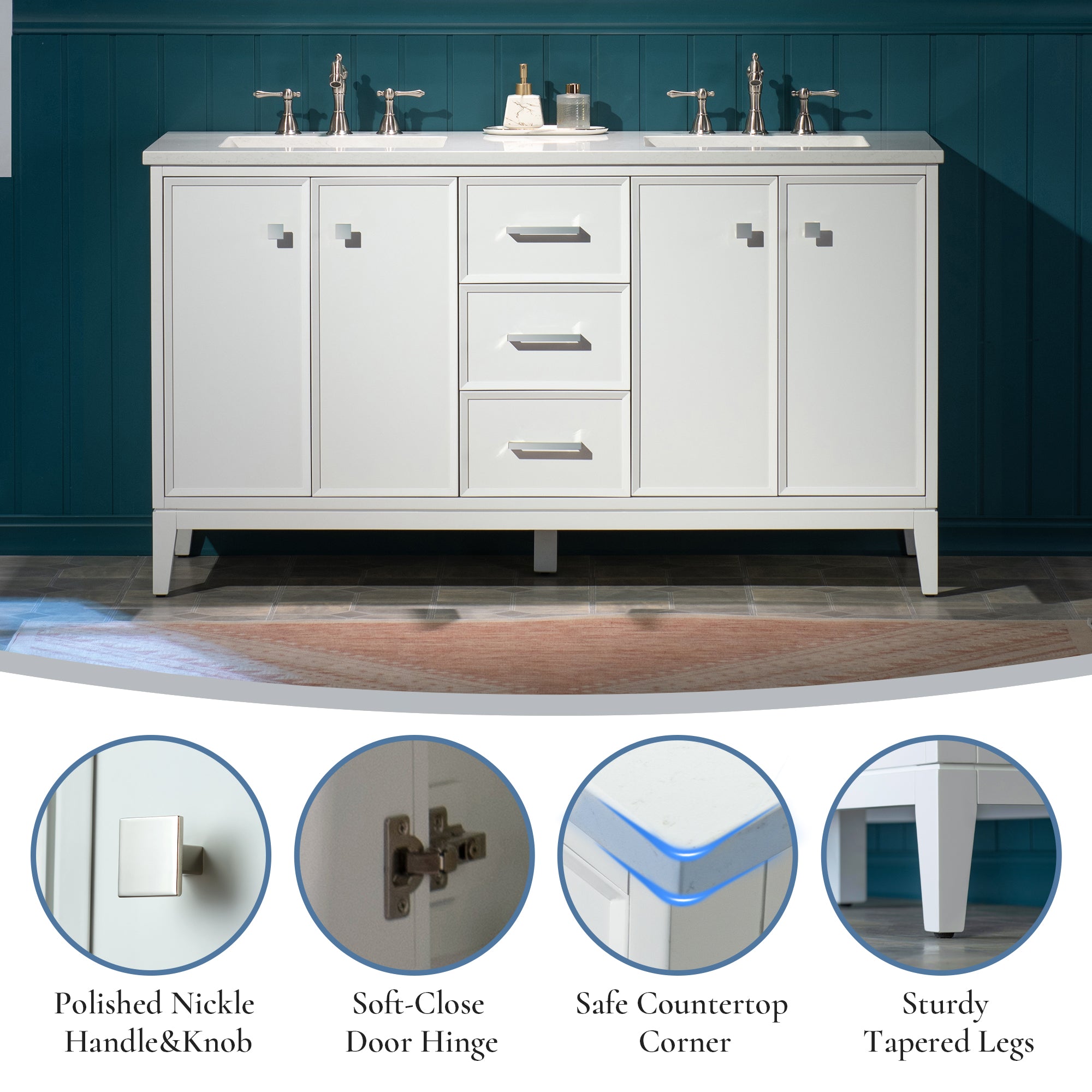 WOODBRIDGE 61" White Bathroom Vanity – Double Sink with Engineered Stone Top, Pre-drilled for 8 in. widespread faucets, Solid Wood Frame & Drawers, Fully Assembled and Ready for Installation