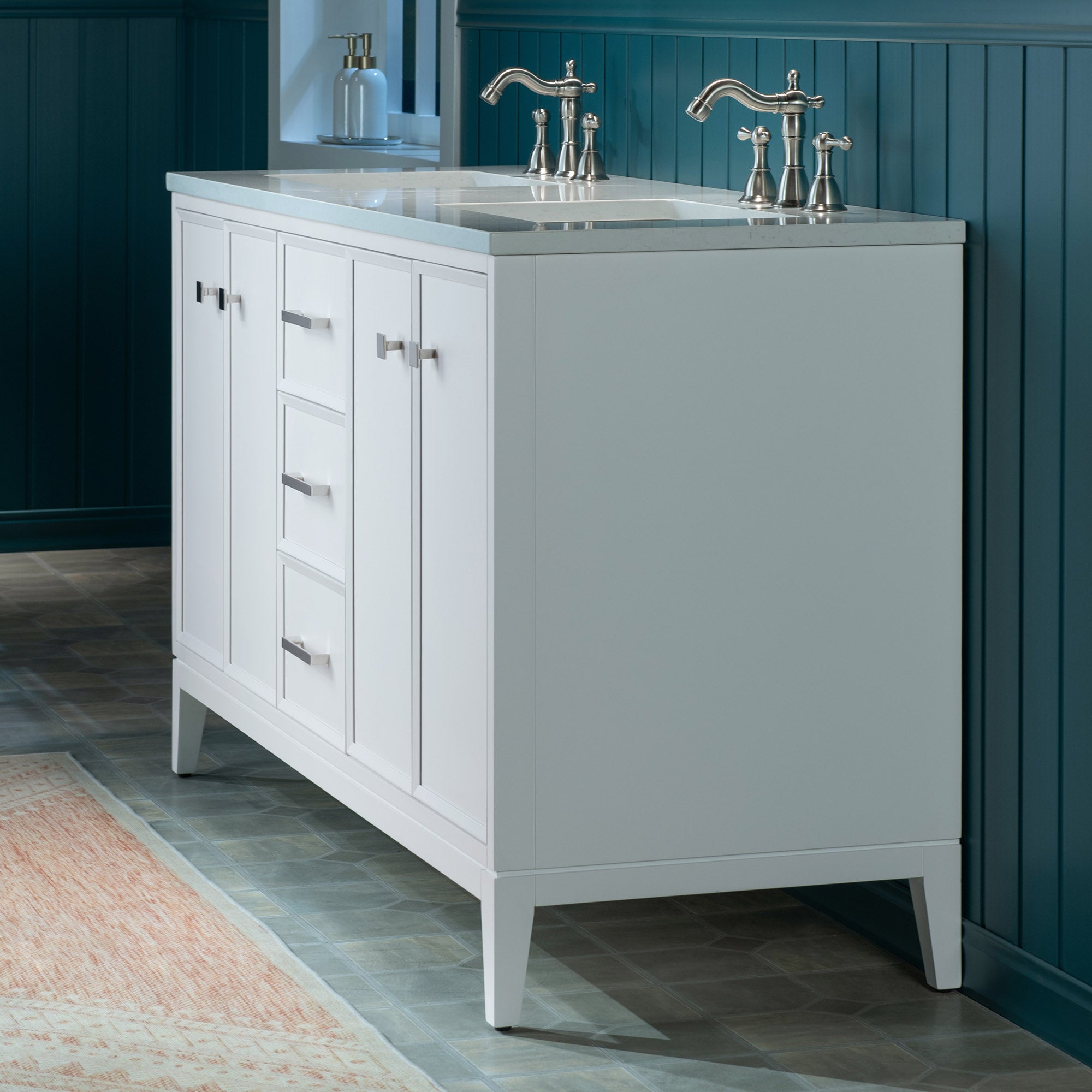 WOODBRIDGE 61" White Bathroom Vanity – Double Sink with Engineered Stone Top, Pre-drilled for 8 in. widespread faucets, Solid Wood Frame & Drawers, Fully Assembled and Ready for Installation