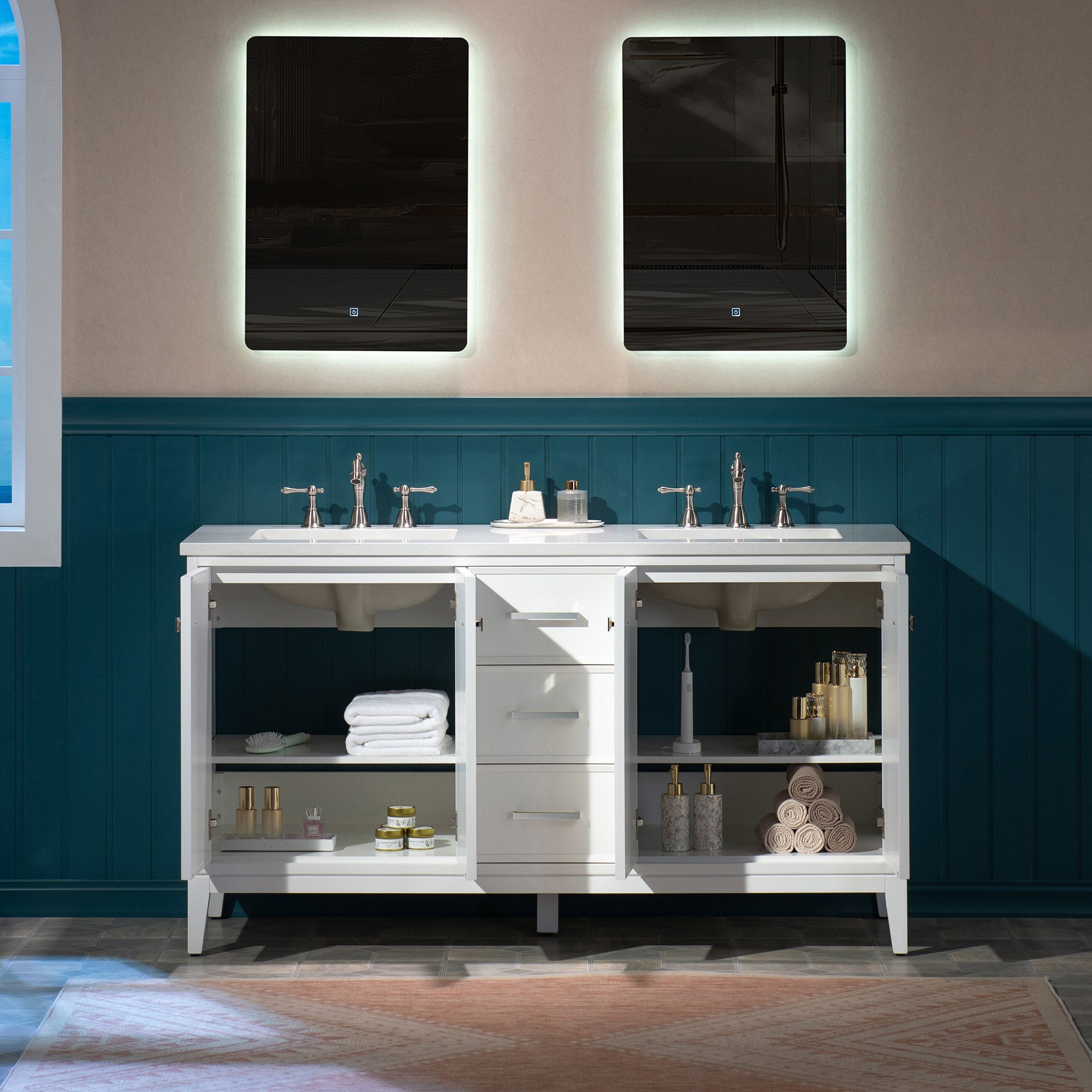 WOODBRIDGE 61" White Bathroom Vanity – Double Sink with Engineered Stone Top, Pre-drilled for 8 in. widespread faucets, Solid Wood Frame & Drawers, Fully Assembled and Ready for Installation