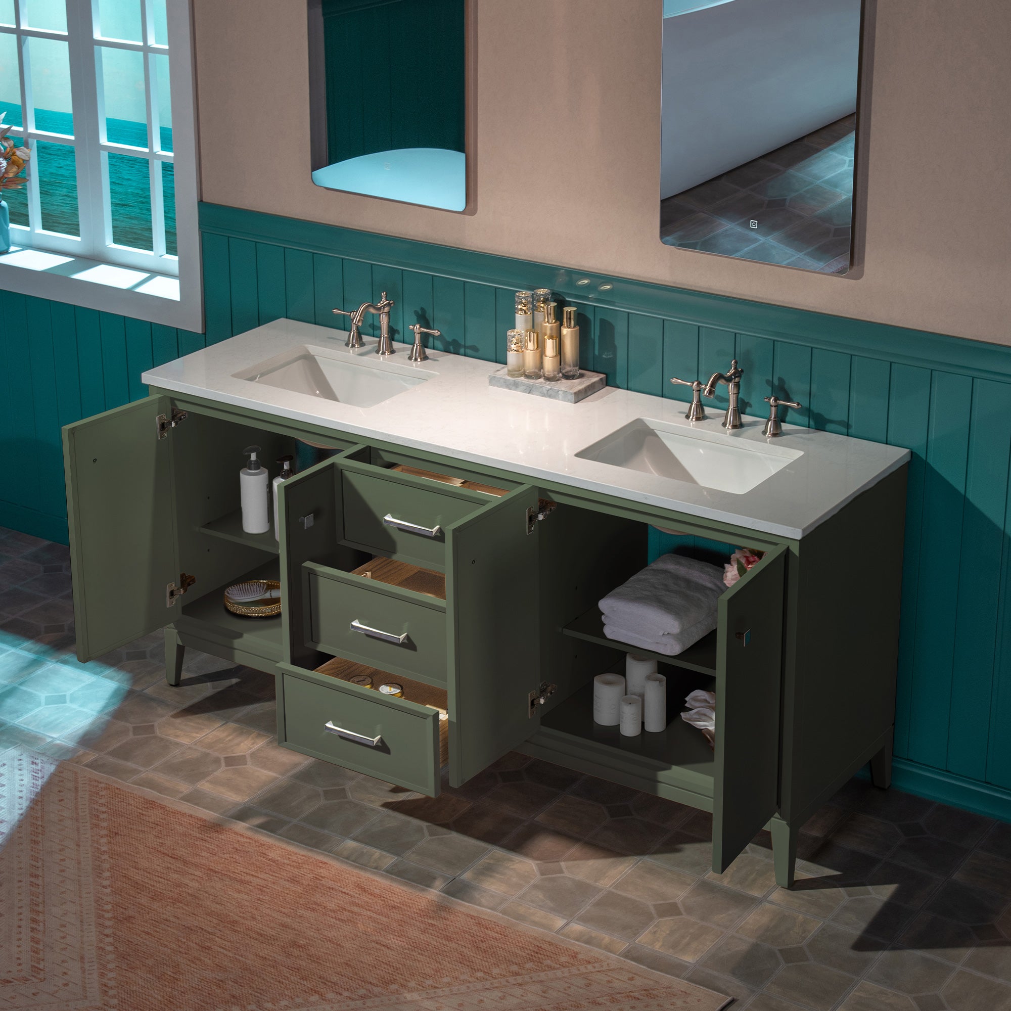 WOODBRIDGE 73" White Bathroom Vanity – Double Sink with Engineered Stone Top, Pre-drilled for 8 in. widespread faucets, Solid Wood Frame & Drawers, Fully Assembled and Ready for Installation