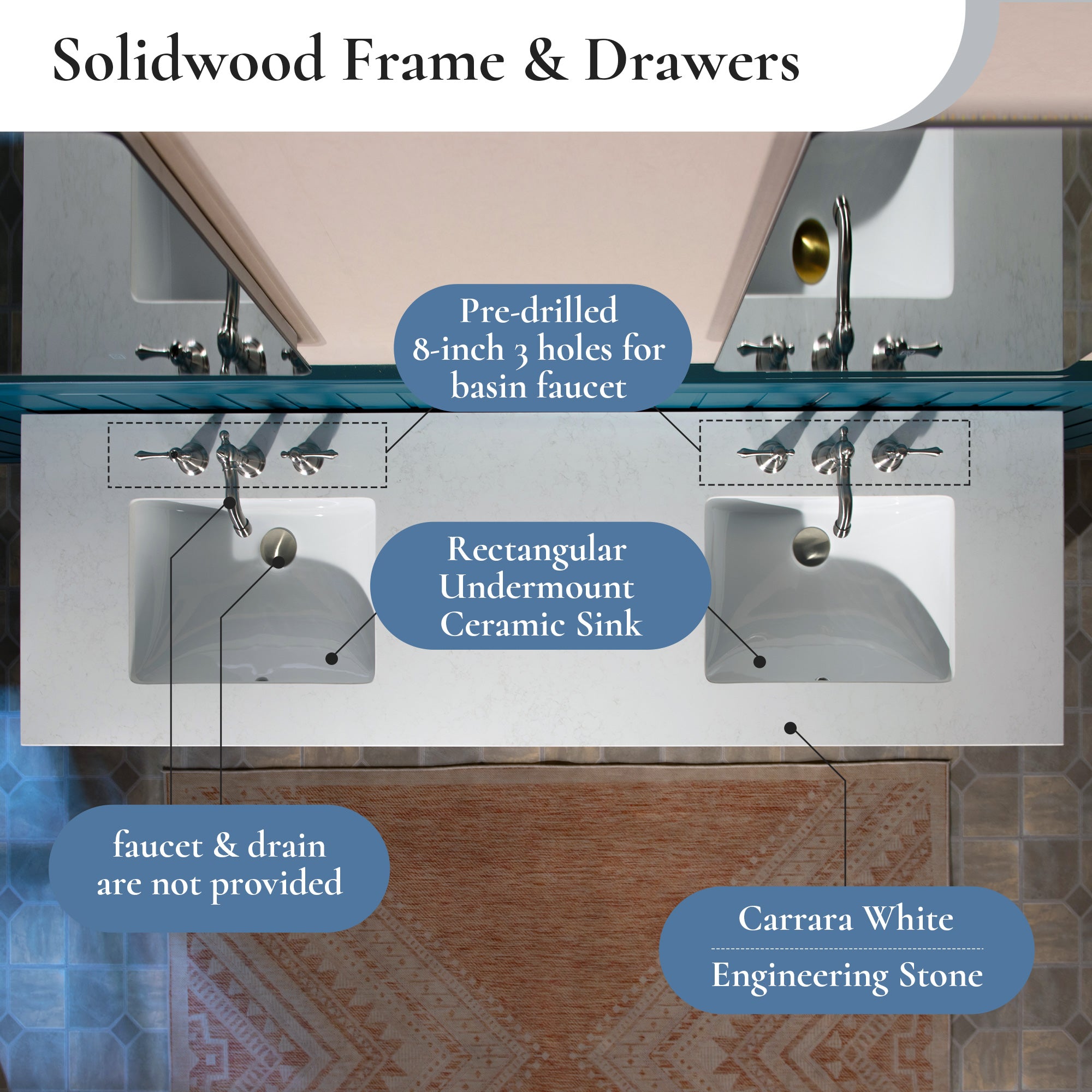 WOODBRIDGE 73" White Bathroom Vanity – Double Sink with Engineered Stone Top, Pre-drilled for 8 in. widespread faucets, Solid Wood Frame & Drawers, Fully Assembled and Ready for Installation