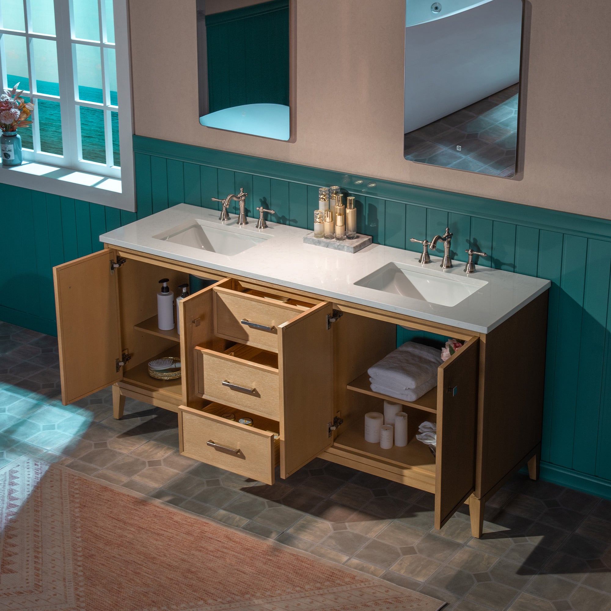WOODBRIDGE 73" White Bathroom Vanity – Double Sink with Engineered Stone Top, Pre-drilled for 8 in. widespread faucets, Solid Wood Frame & Drawers, Fully Assembled and Ready for Installation