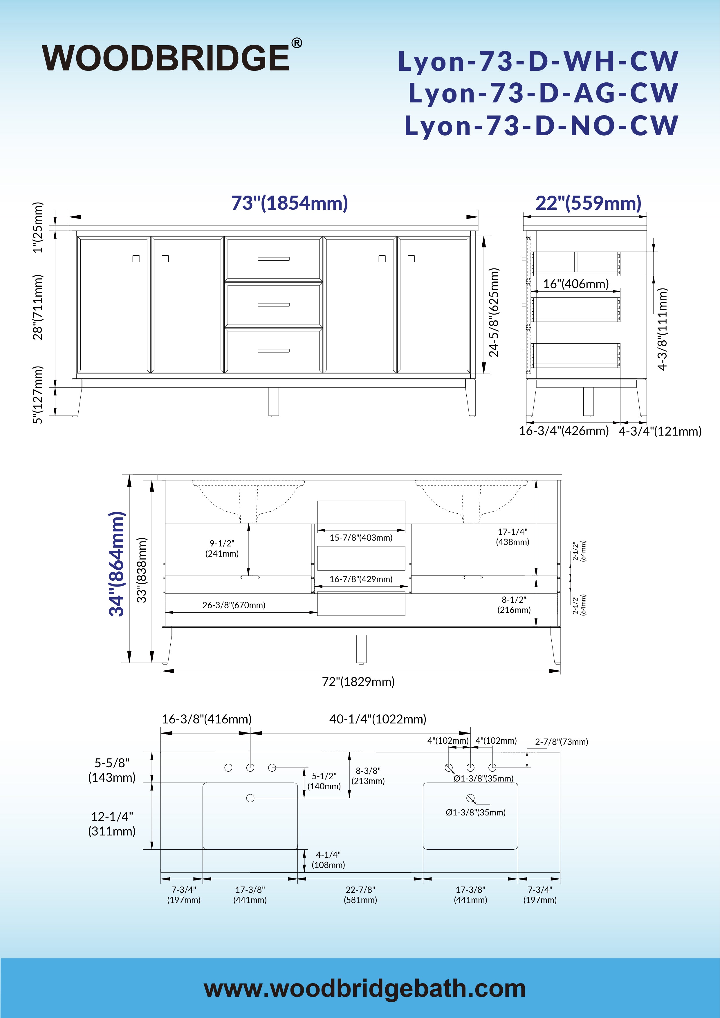 WOODBRIDGE 73" White Bathroom Vanity – Double Sink with Engineered Stone Top, Pre-drilled for 8 in. widespread faucets, Solid Wood Frame & Drawers, Fully Assembled and Ready for Installation
