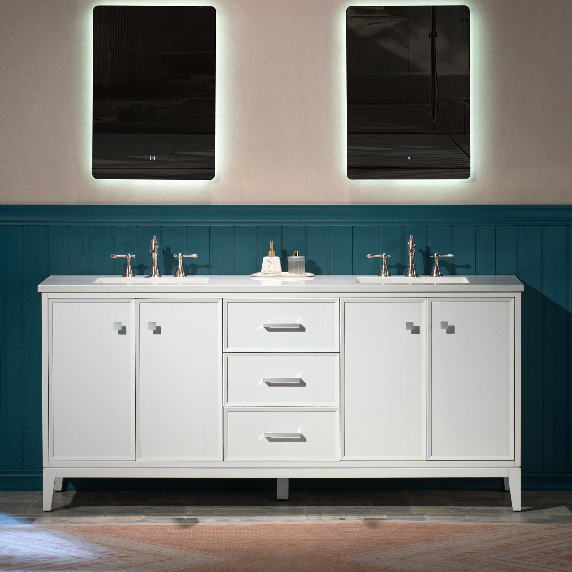 WOODBRIDGE 73" White Bathroom Vanity – Double Sink with Engineered Stone Top, Pre-drilled for 8 in. widespread faucets, Solid Wood Frame & Drawers, Fully Assembled and Ready for Installation